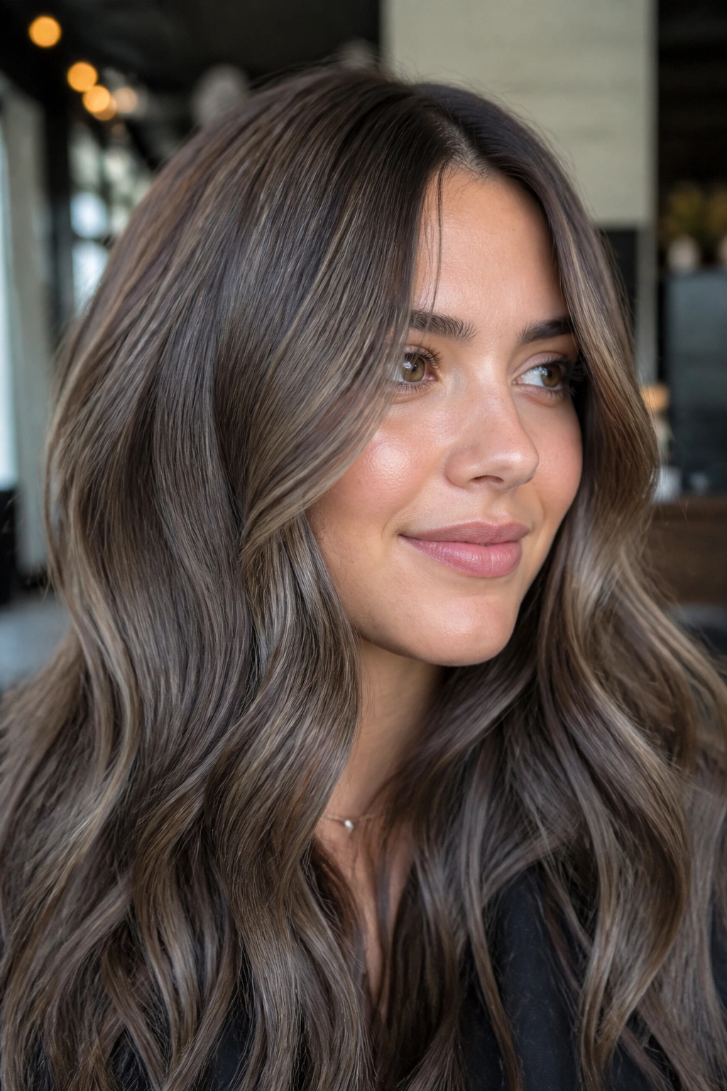 Close-up of a real person with ash-chocolate highlights for a cooler finish