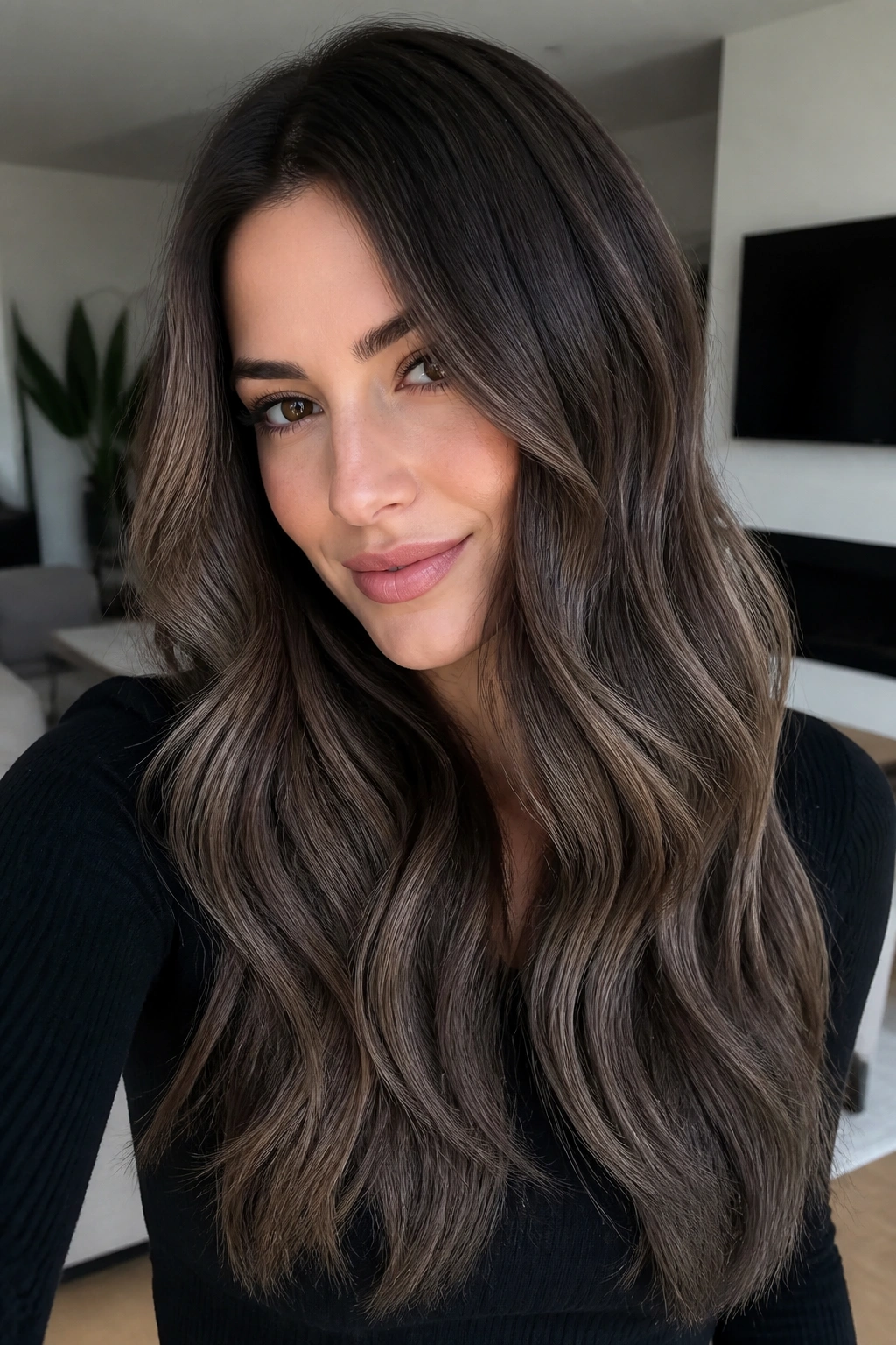 Close-up of real woman with ash chocolate ombre and smoky brown ends