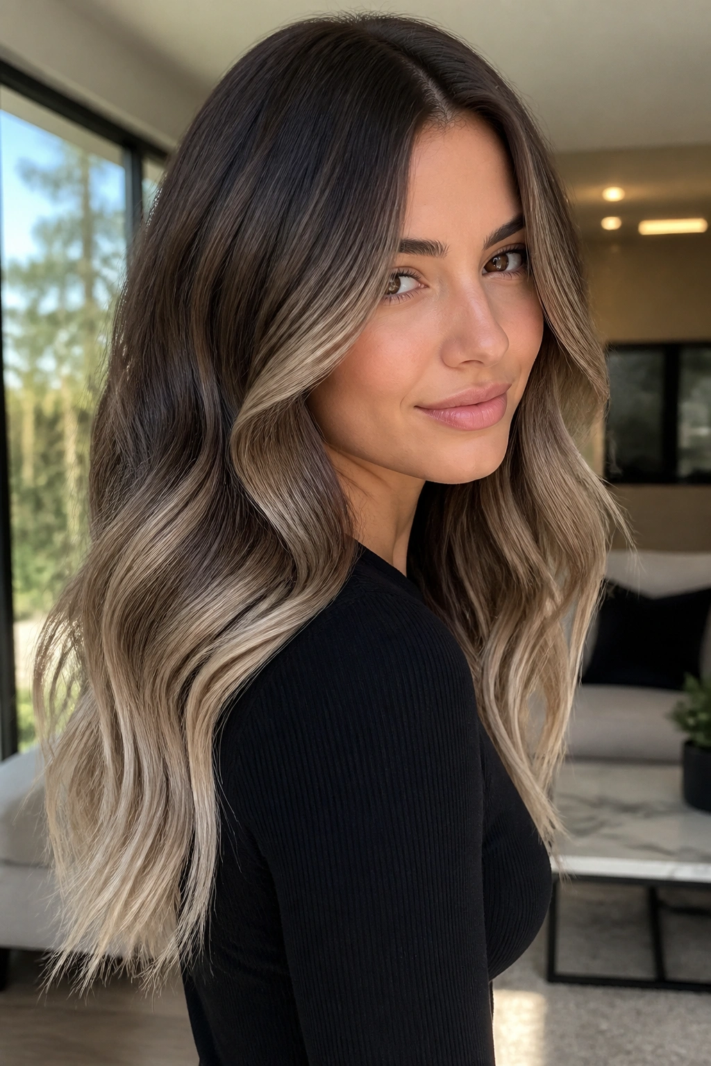 Close-up of ash chocolate hair with smoked vanilla ends on a real person.