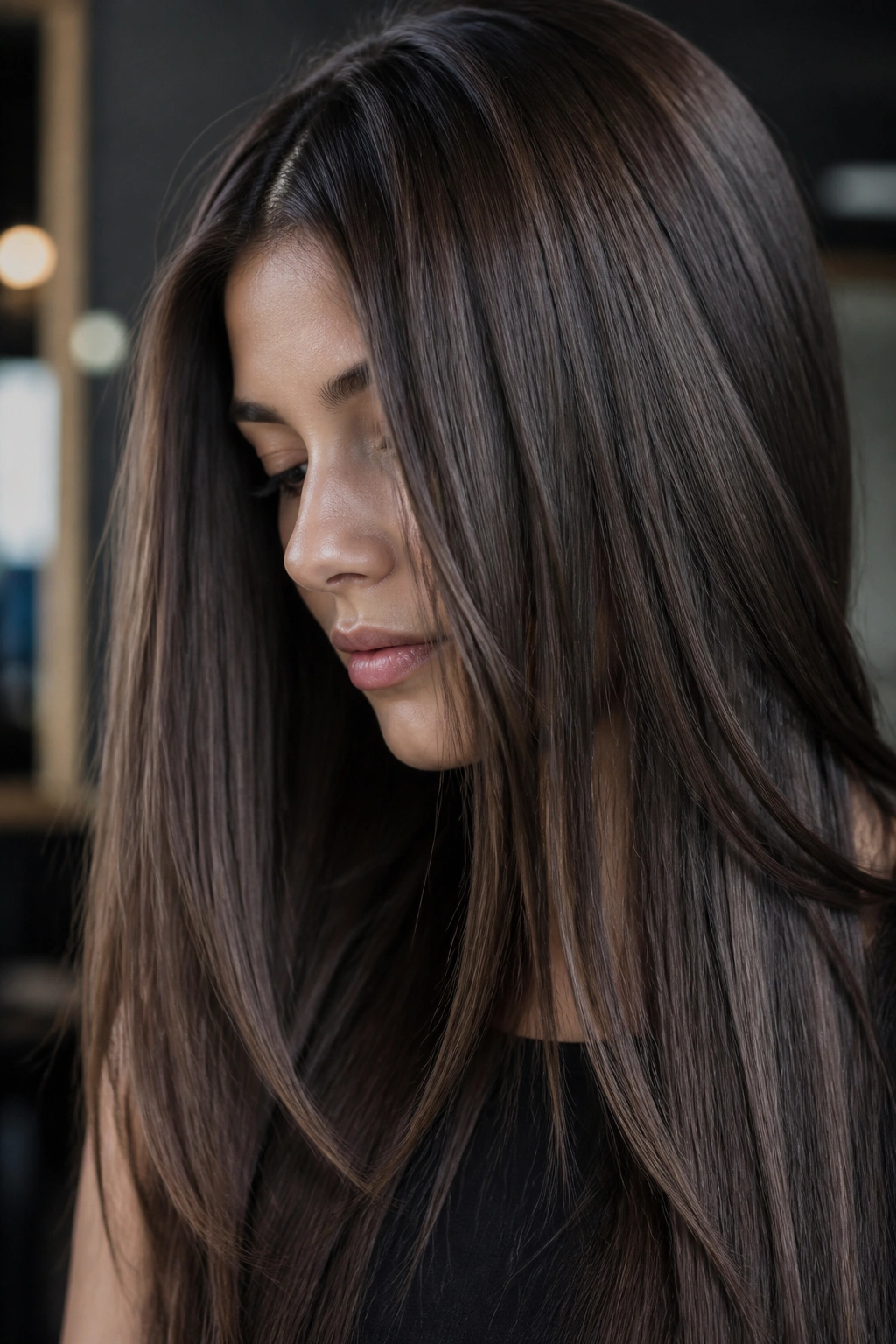 Brunette hair with ash chocolate highlights forming a soft veil over the base.