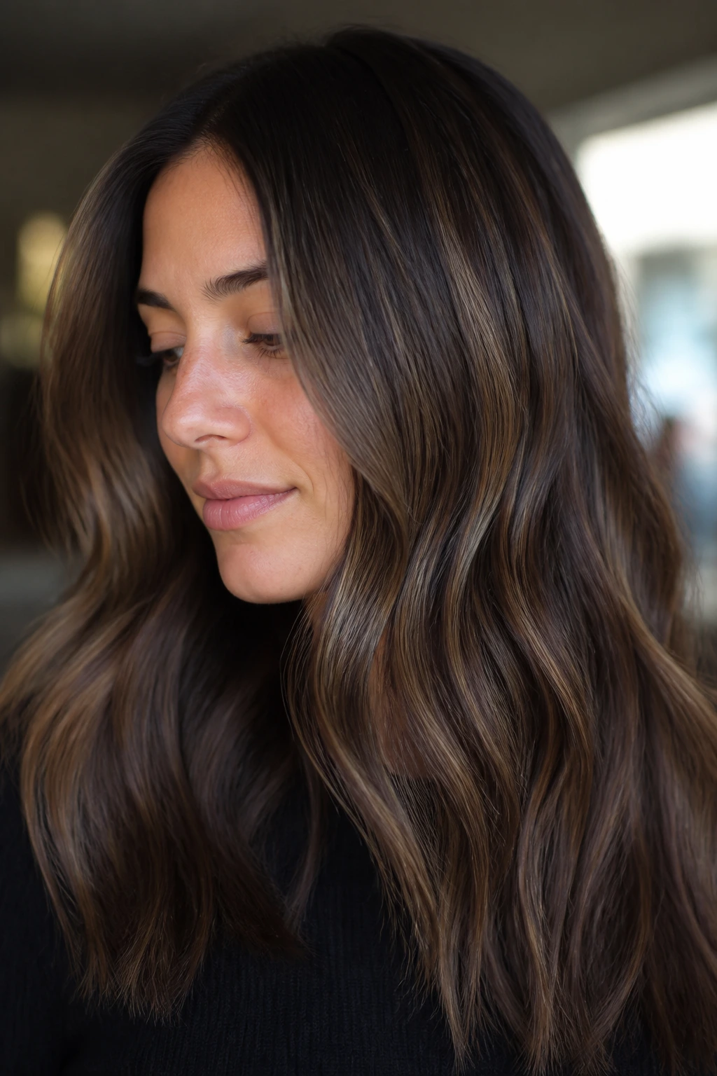Brunette with ash cocoa lowlights that mute red undertones