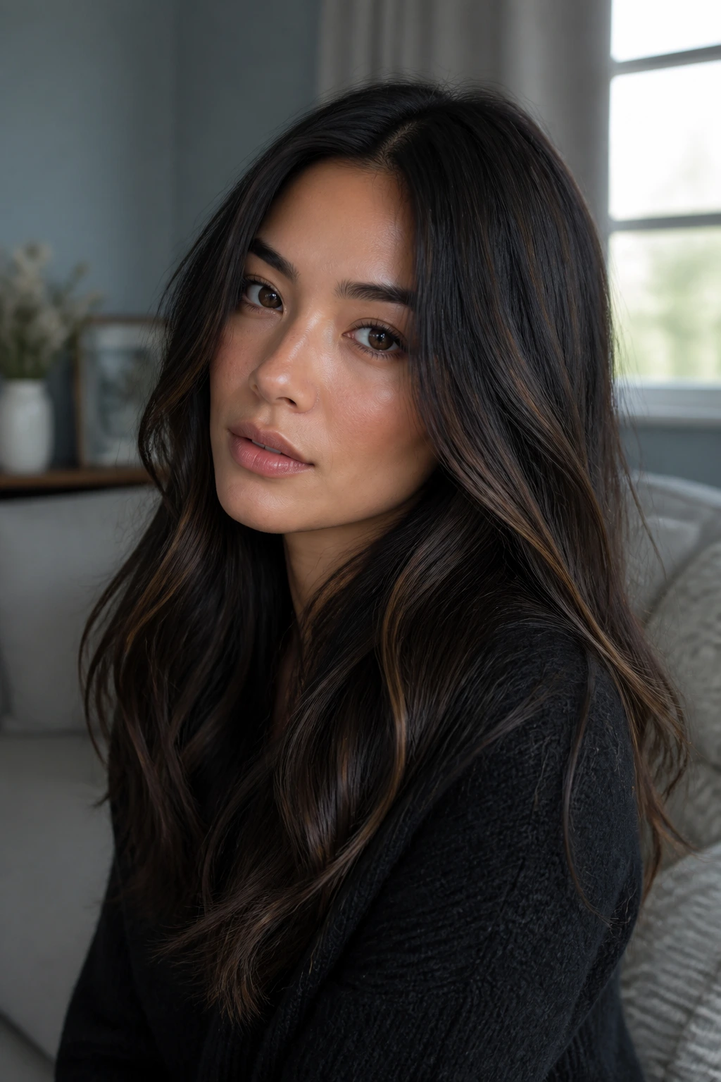 Close-up portrait with ash cocoa lowlights in black-brown hair