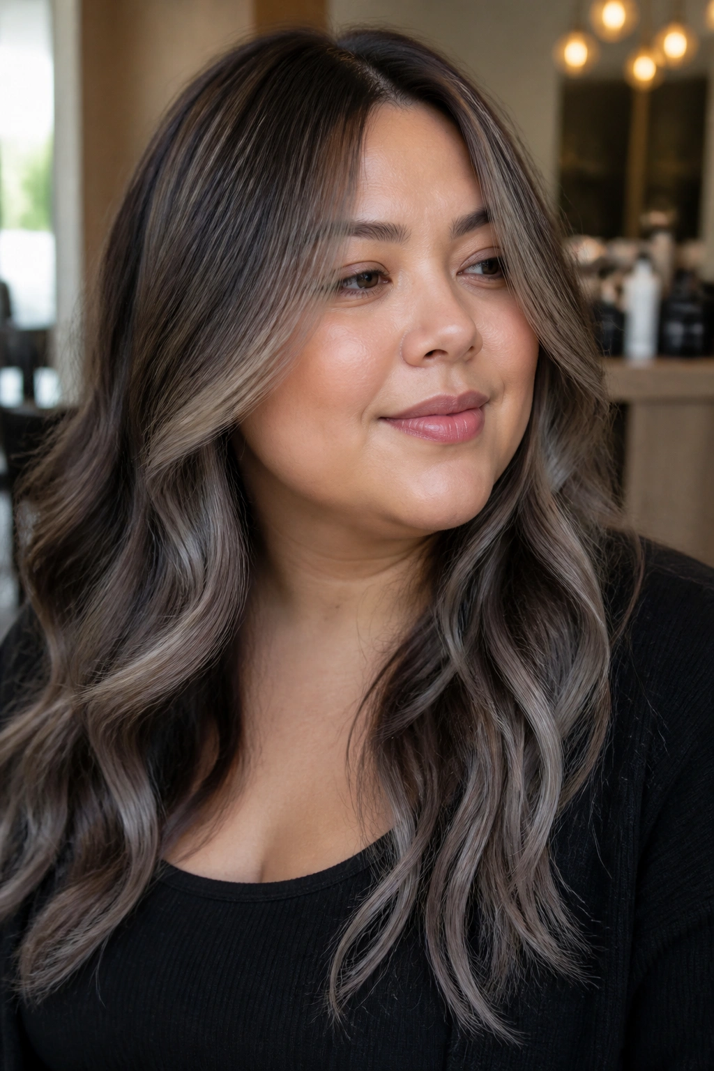 Close-up of round-faced woman with ash contour balayage framing temples and jawline.