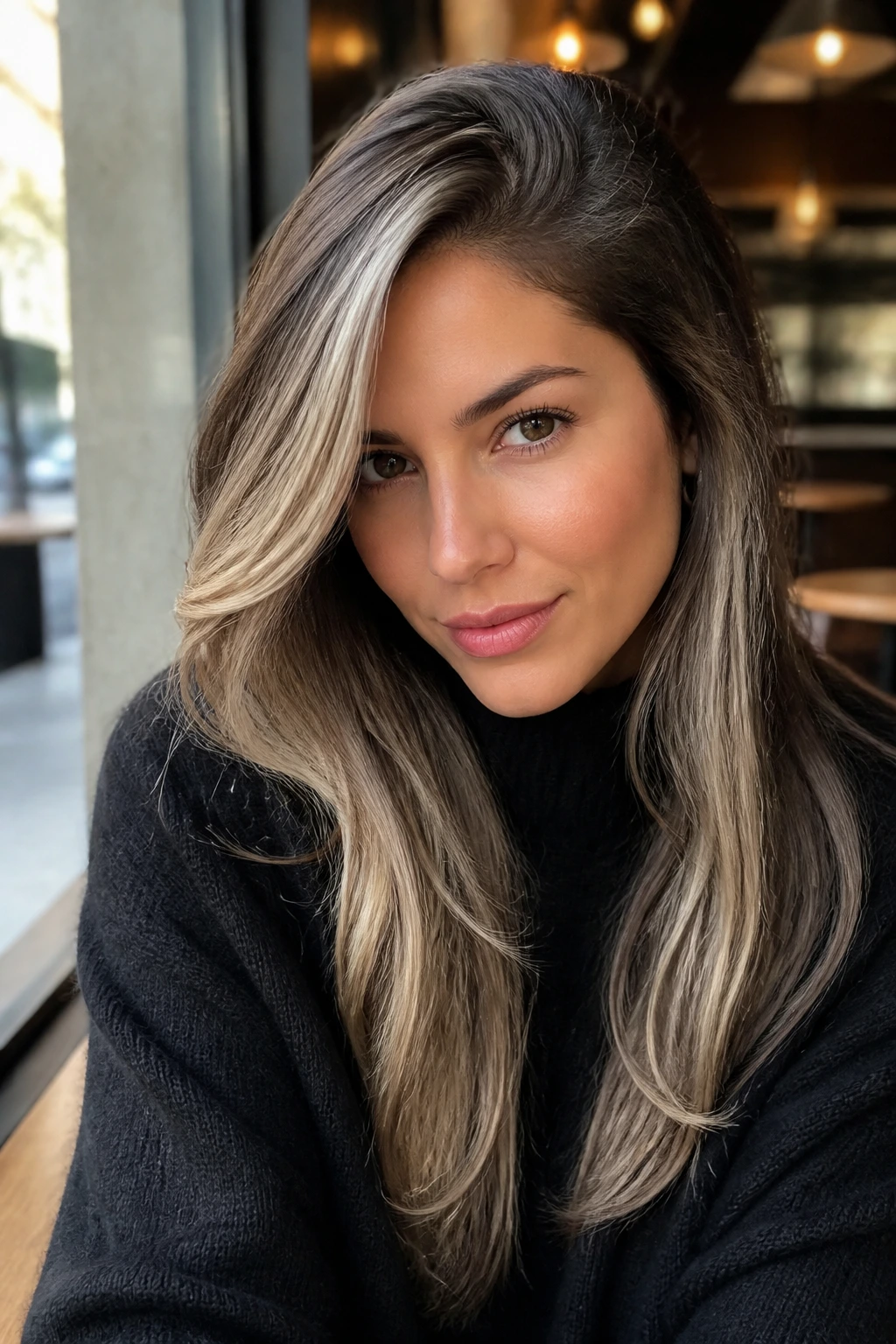 Close-up of side-parted hair with ash contour highlights framing the face