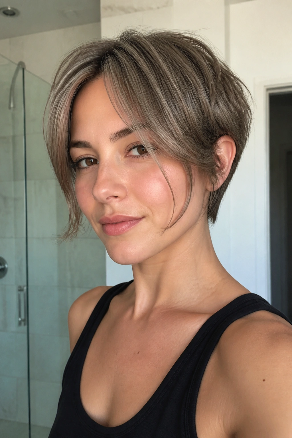 Real person with pixie grow-out showing ash curtain bangs