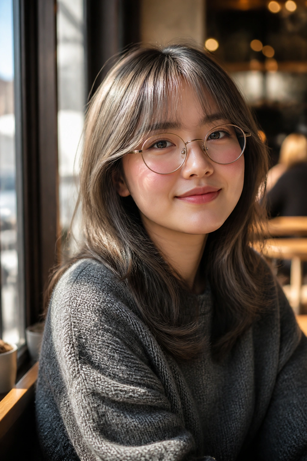 Woman with round face wearing glasses and ash curtain bangs opening above frame