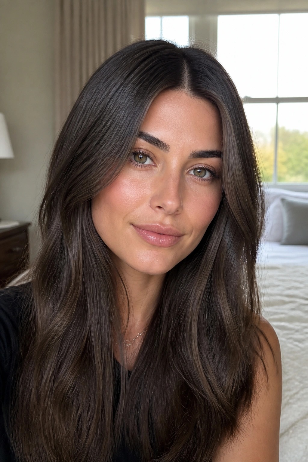 Close-up portrait of a woman with soft ash espresso center-part hair