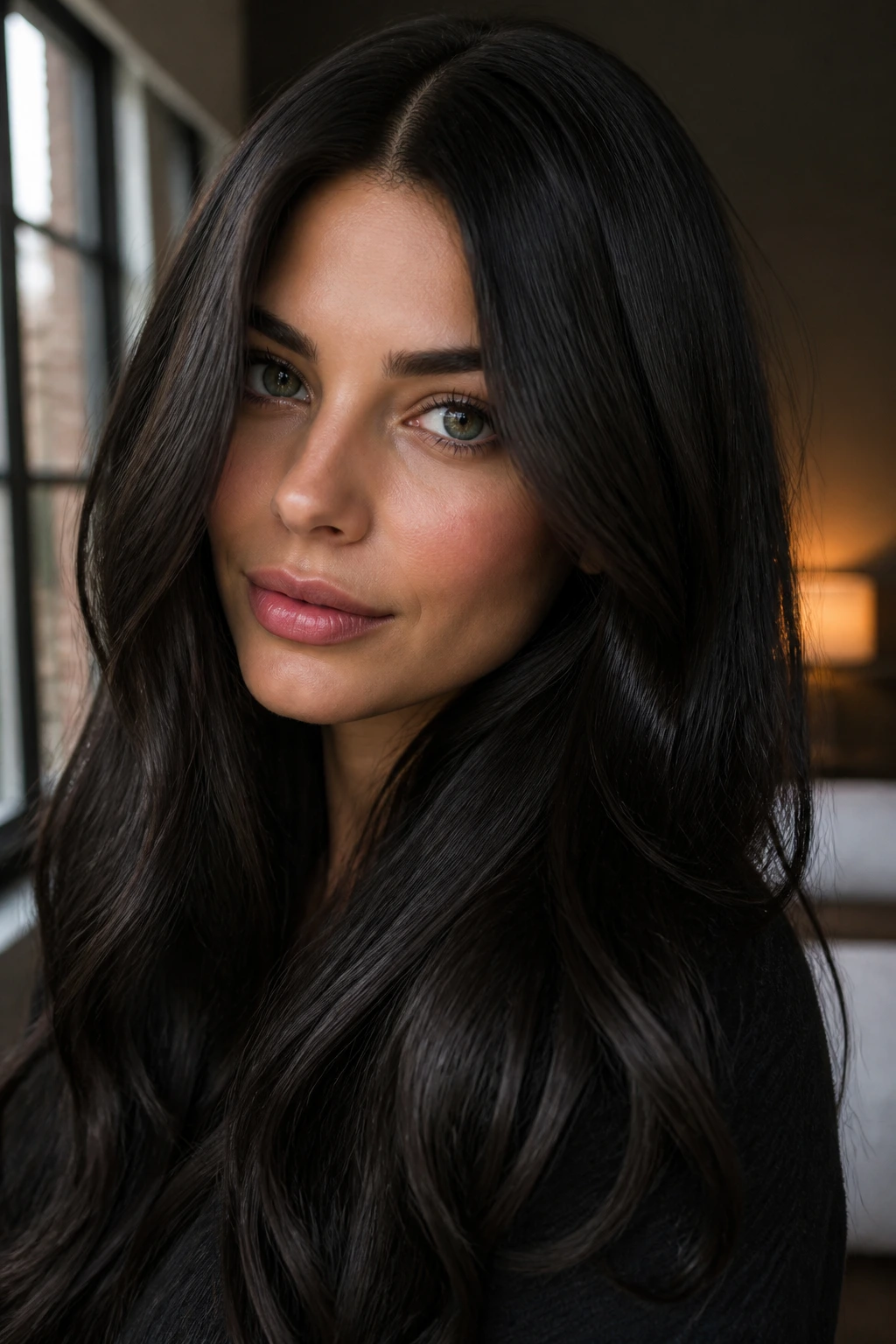 Close-up of glossy ash espresso hair on a real person