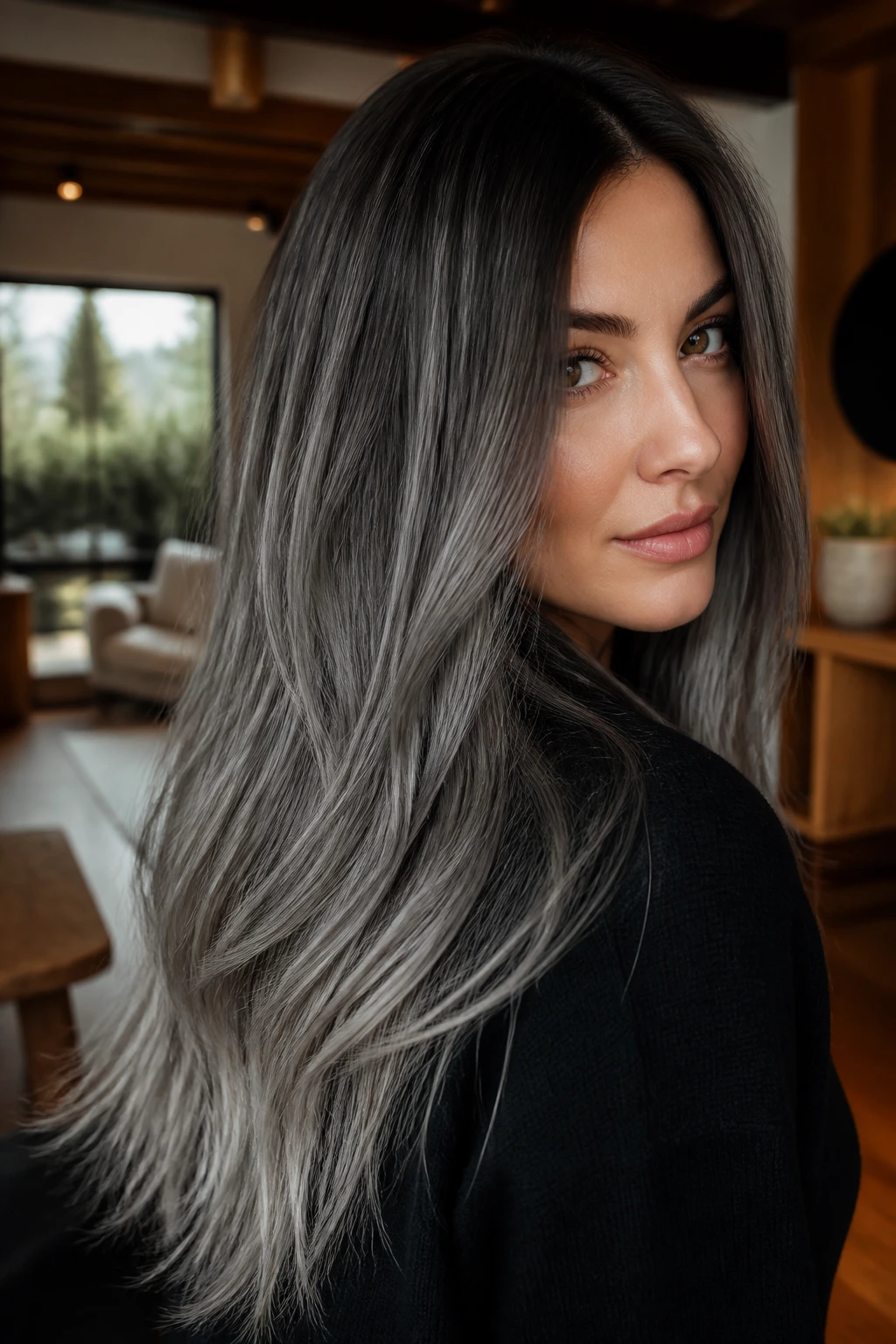 Close-up of a real woman with ash espresso hair and feathered silver ends.