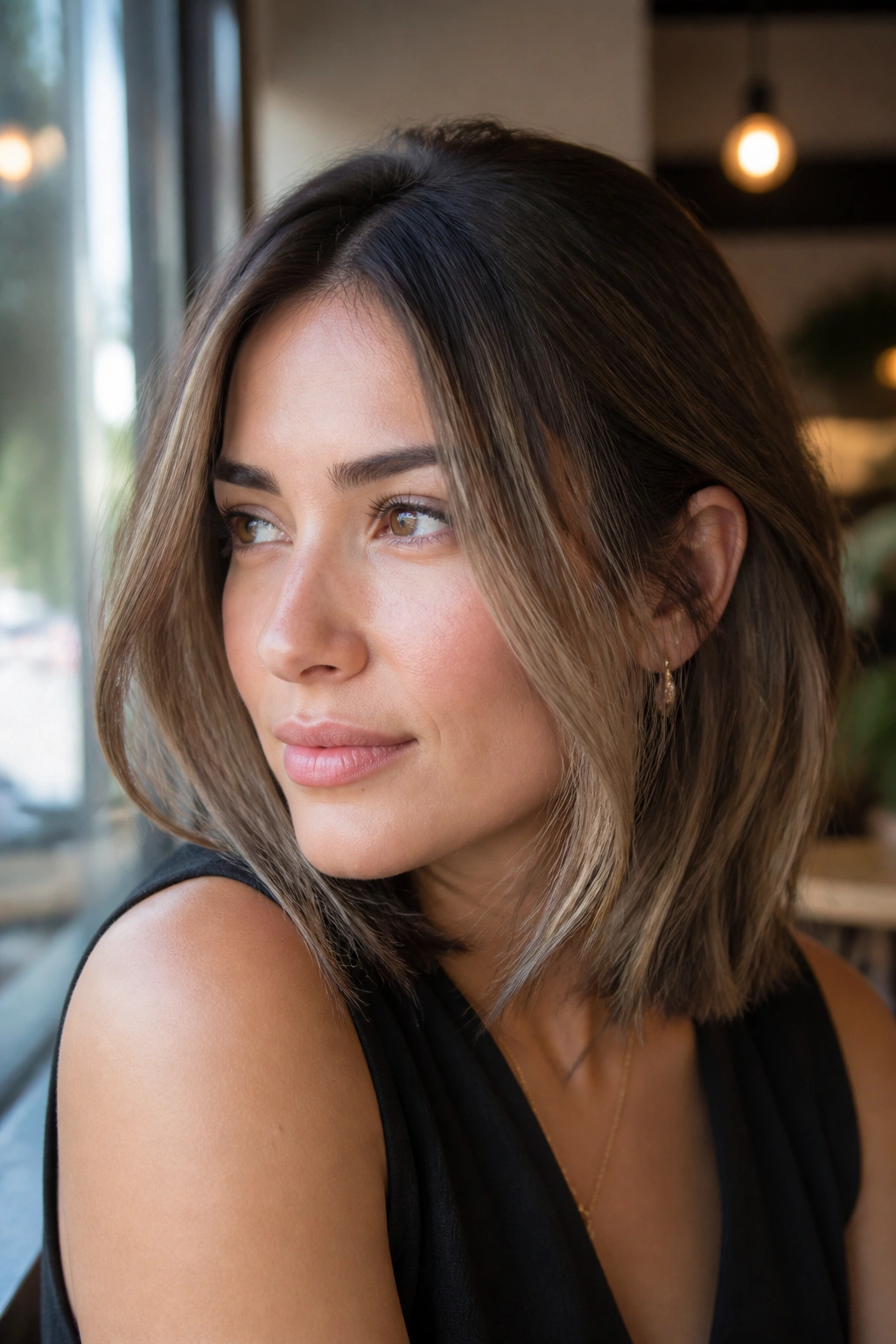 Portrait focusing on face-framing ash highlights around cheeks on a lob.