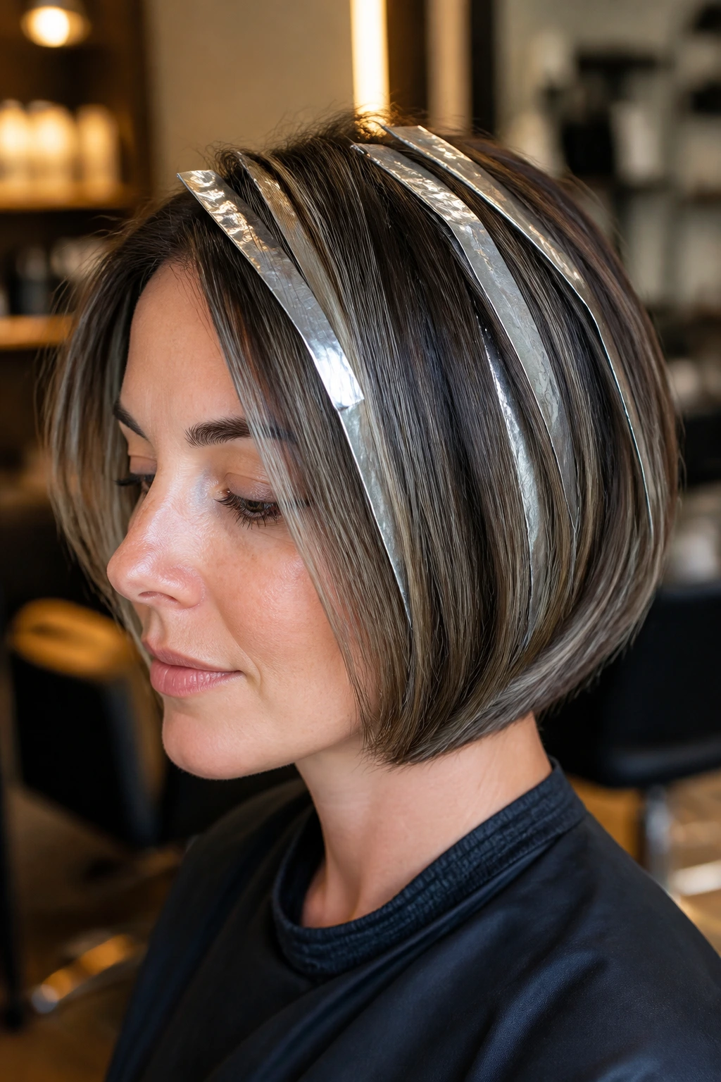 Close-up portrait of a real woman with a short bob featuring muted ash foils around the crown