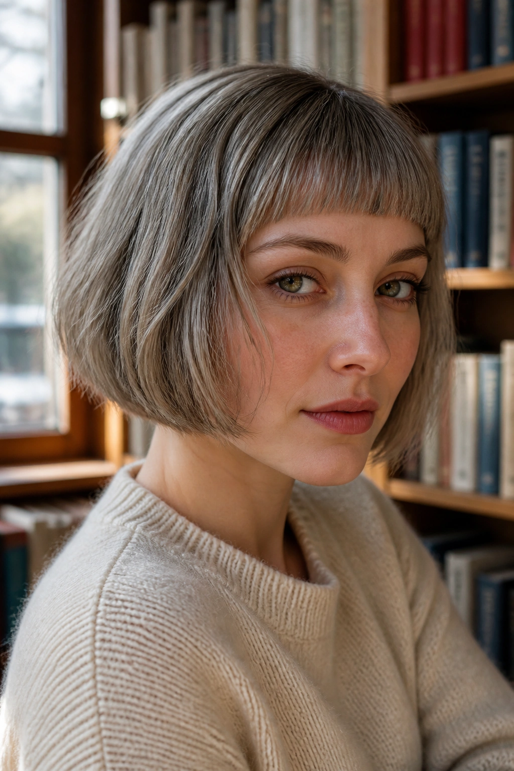 Real woman with ash French bob and micro fringe in natural light