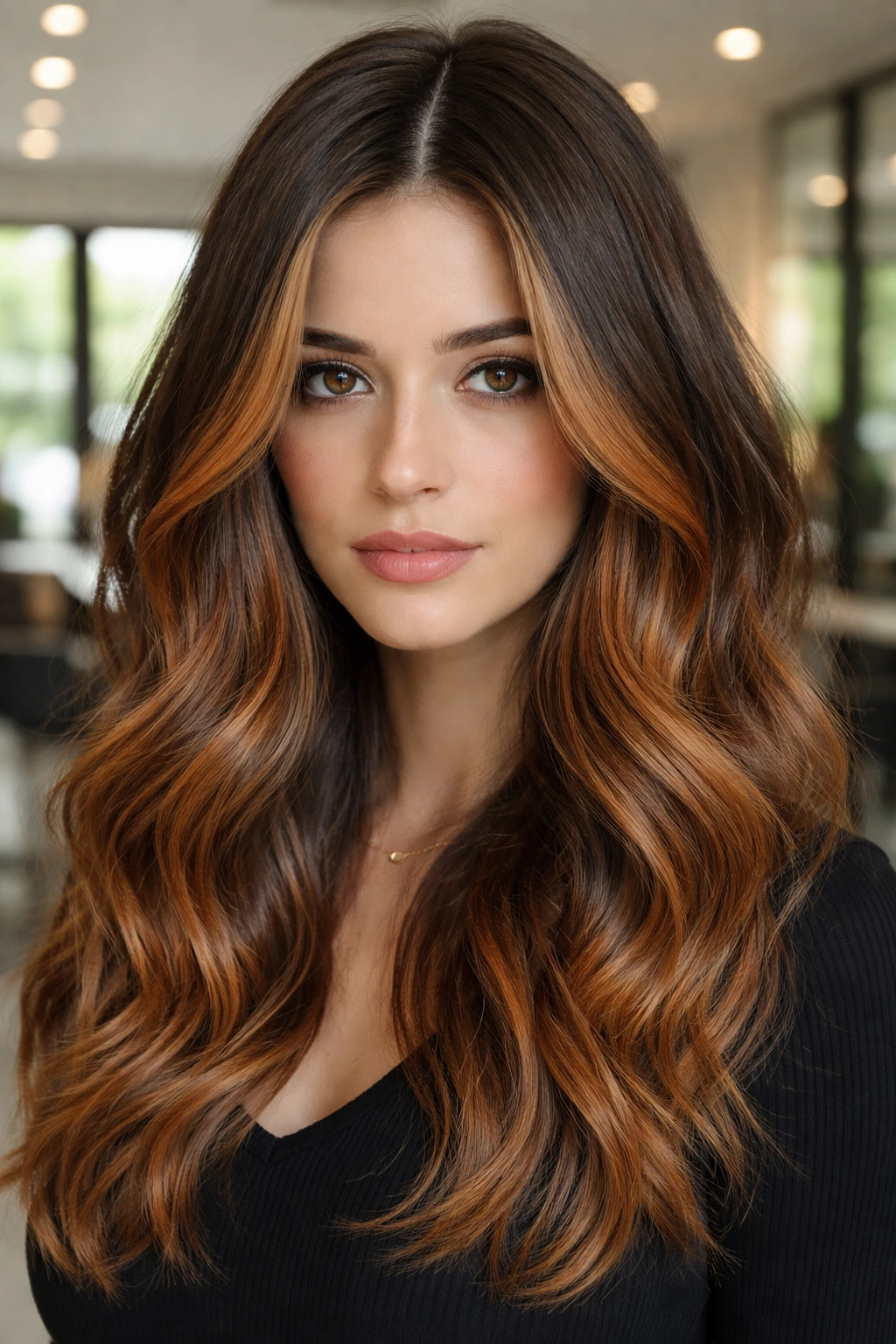 Close-up portrait showing ash-ginger balayage on real person