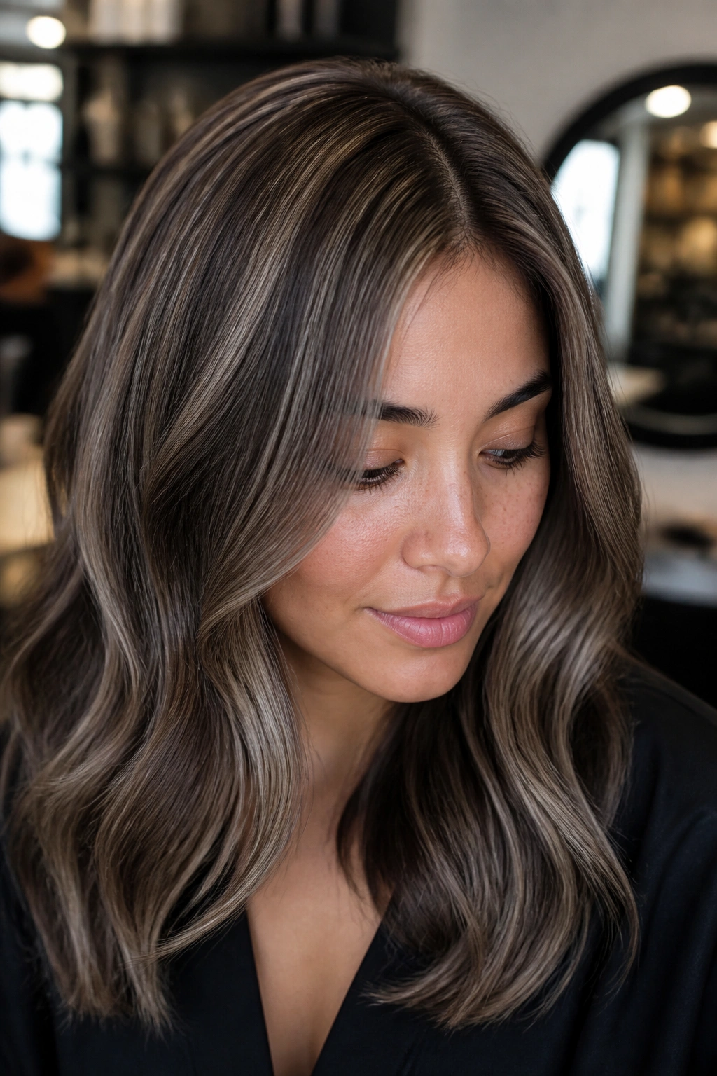 Close-up portrait of a woman with ash gray babylights on mocha brown hair