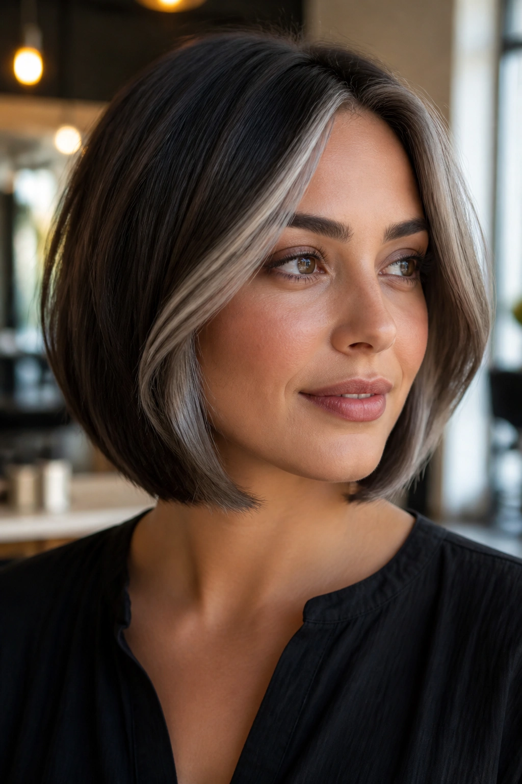 Close-up of a real woman with ash-gray money pieces framing a brown bob