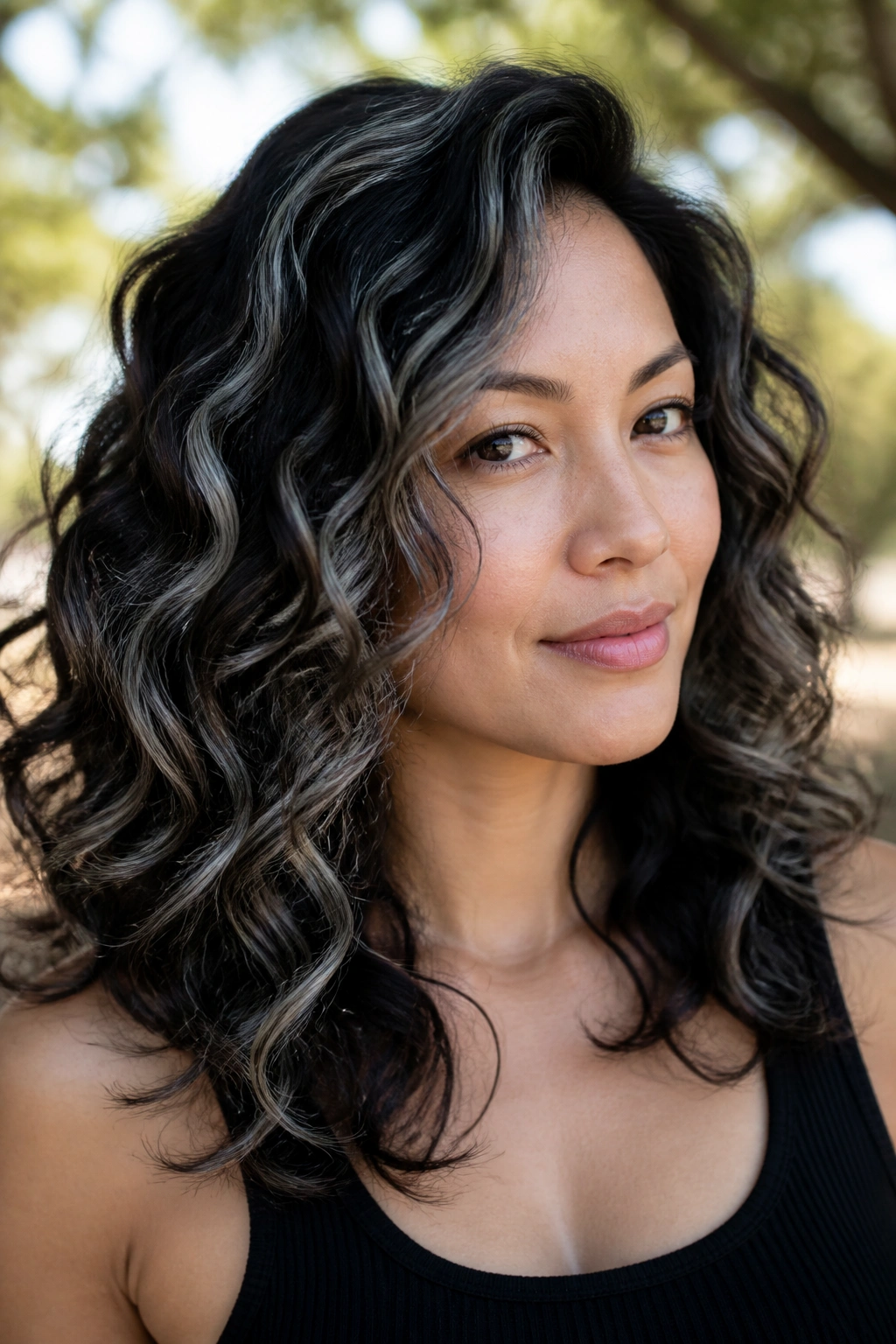 Close-up of a woman with espresso curls and ash gray balayage highlighting curls.
