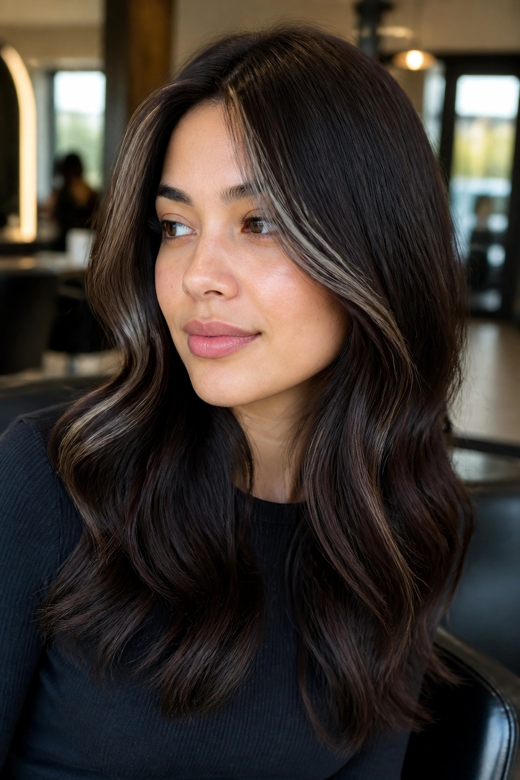 Close-up portrait of a woman with smoky money piece on espresso brown hair framing her face