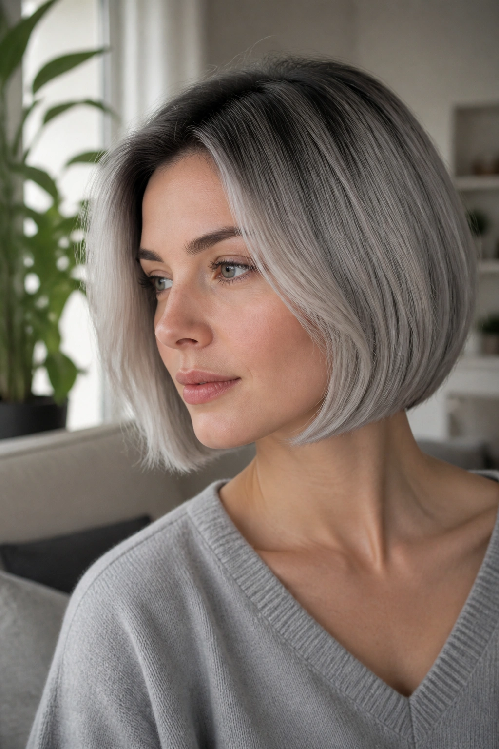 Close-up portrait of woman with a chin-length soft ash gray bob and subtle root shadow