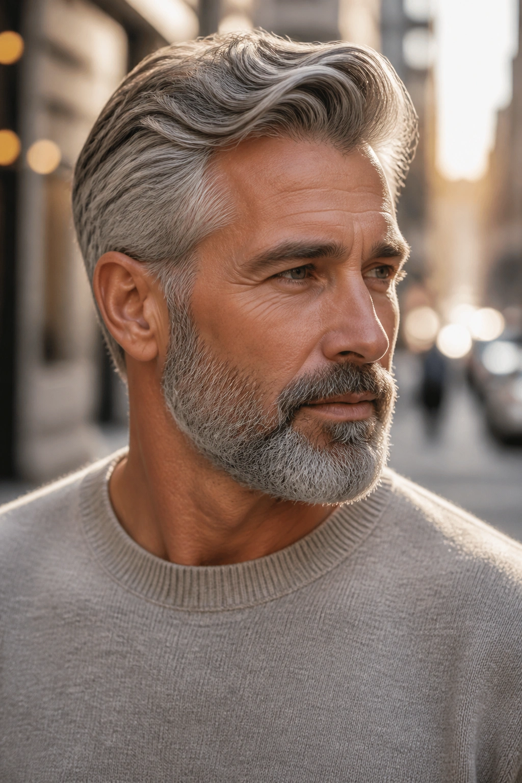 Man with ash-gray hair and ash-gray beard, portrait outdoors in daylight