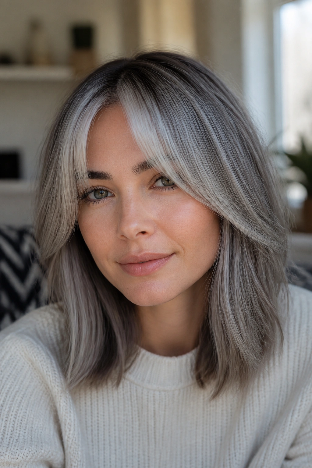Close-up portrait of a real person with ash gray curtain bangs and a lighter silver fringe framing the face.