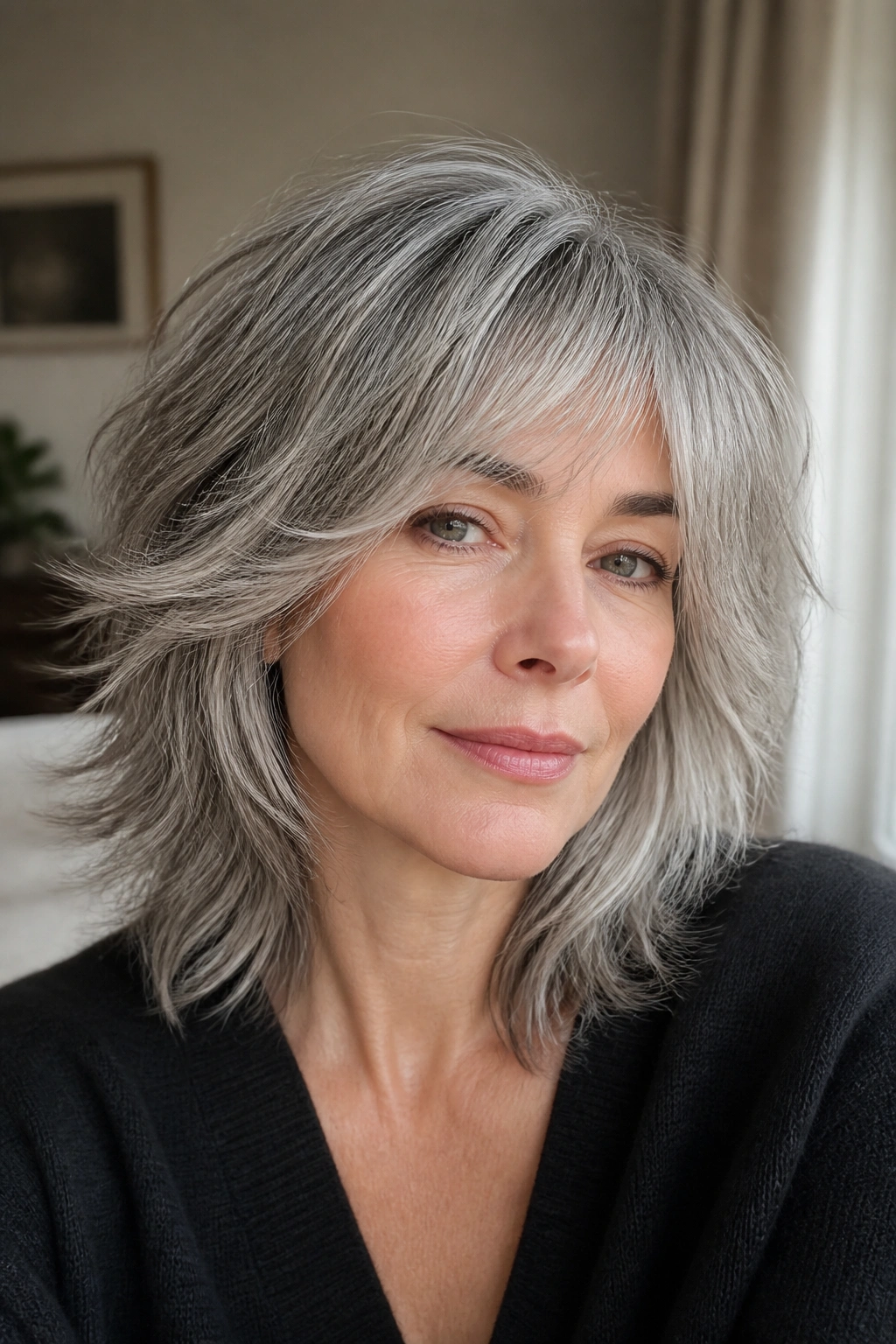 Close-up portrait of a person with ash feathered shag showing light, airy layers.