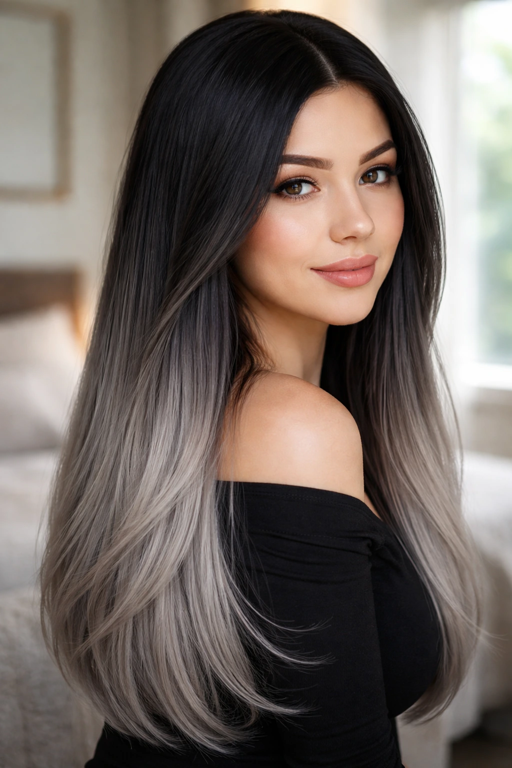 Close-up portrait of a real person with black roots fading to ash gray ombre