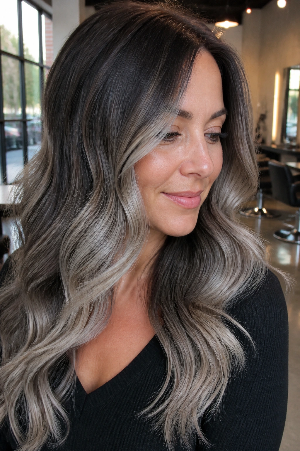 Close-up of a real woman showing ash-grey balayage on brown hair with soft blend