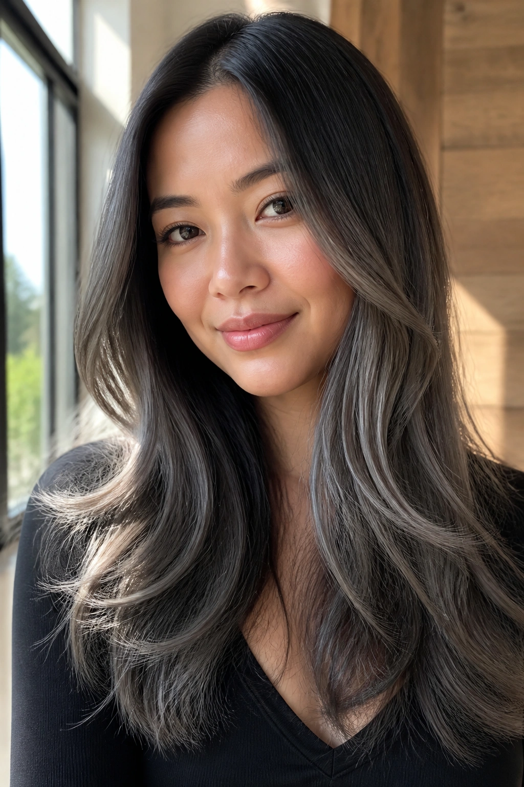 Close-up of a real woman with long layered hair and ash-grey balayage starting below the chin