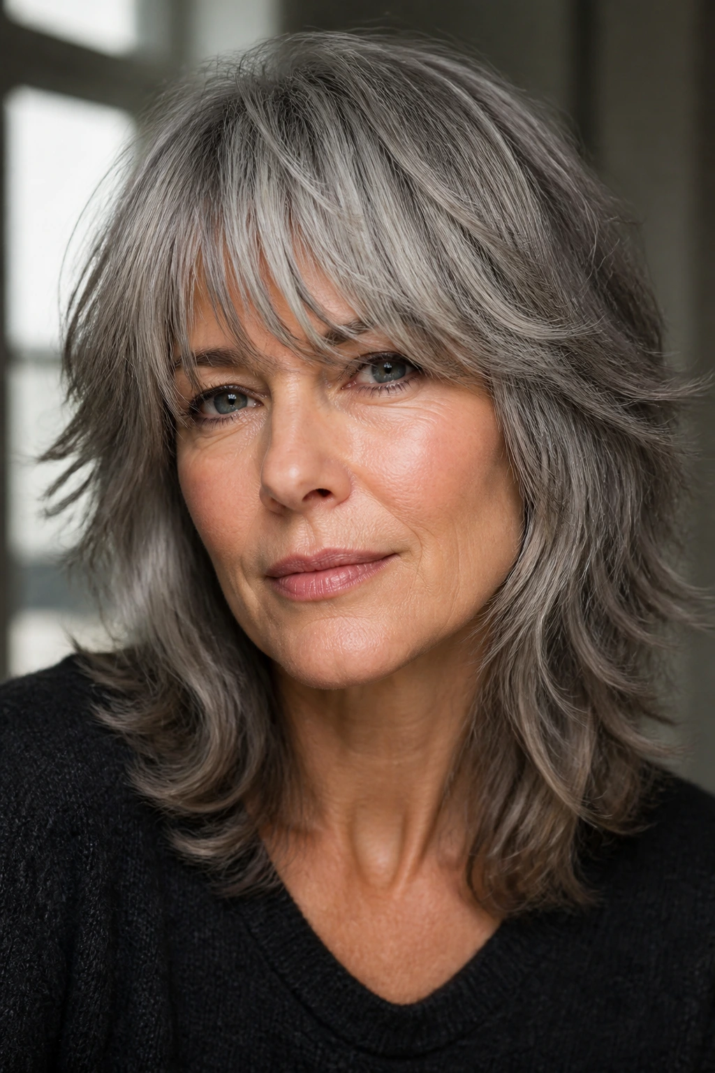 Close-up of a real person with an ash grey shag and soft fringe in natural window light