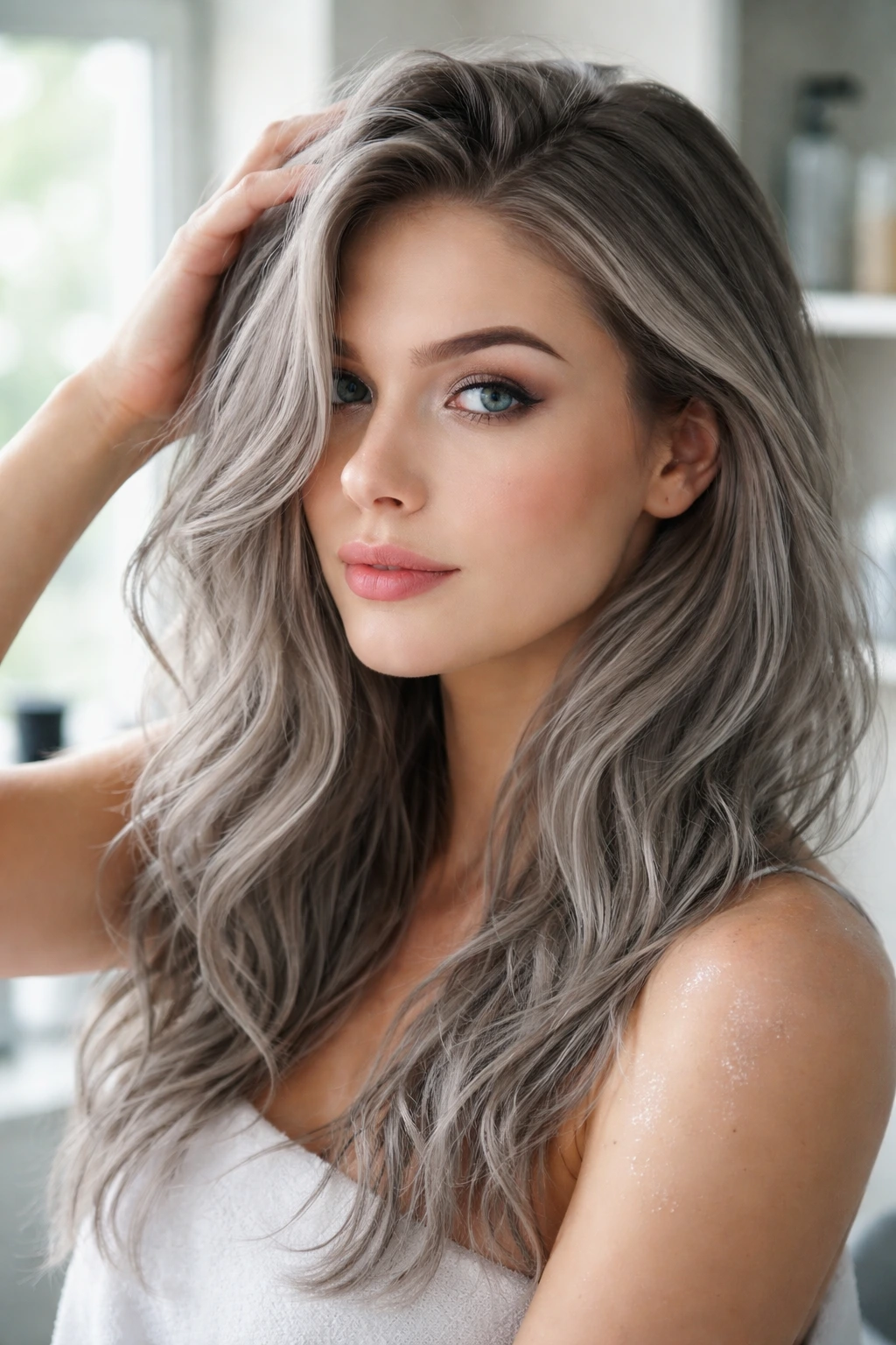 Close-up of ash grey hair maintenance in a bathroom scene