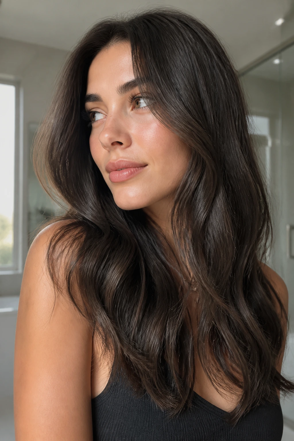 Close-up portrait of a real woman with cool espresso ash on dark brunette hair