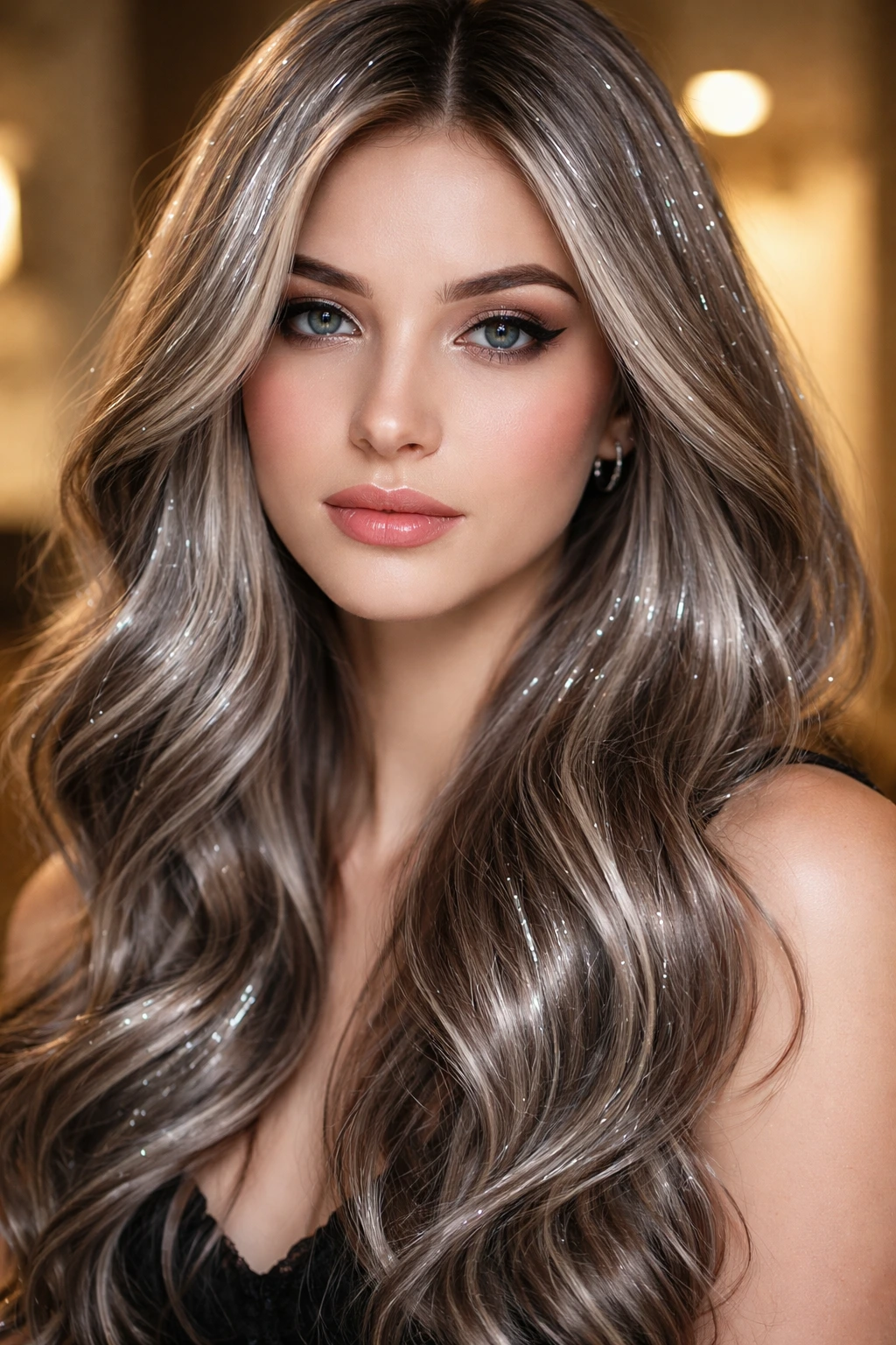 Portrait of a person with reflective tinsel-like strands in ash hair