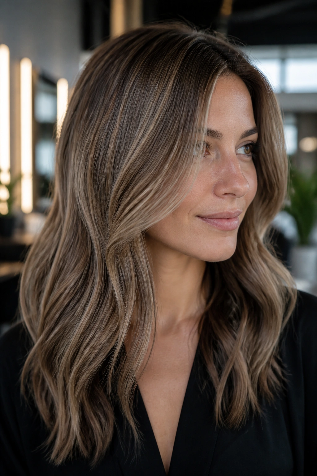 Close-up of a real woman with ash-hazelnut highlights on cool-toned brown hair
