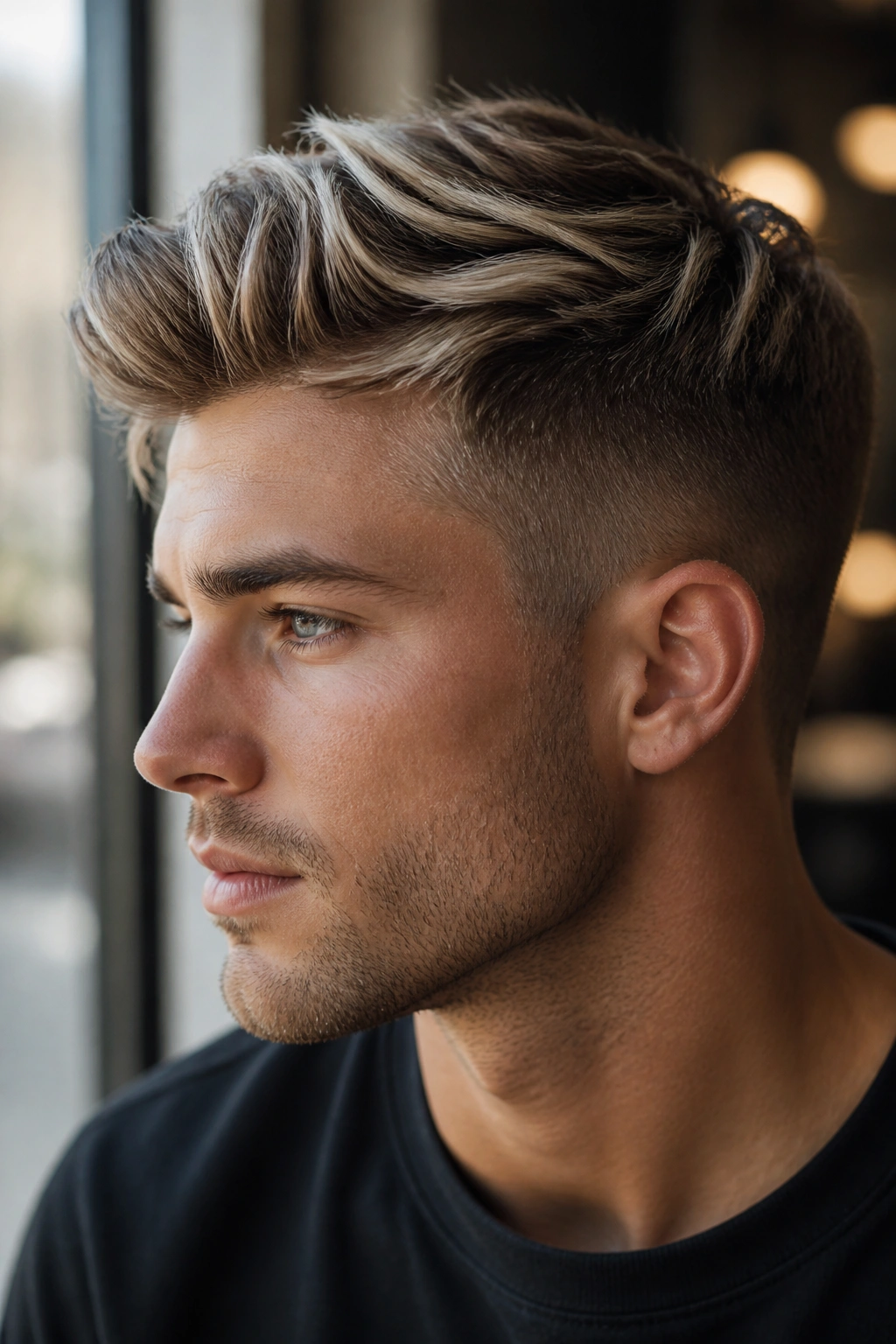 Close-up of a man with ash blonde highlights and cool-toned hair in cafe light