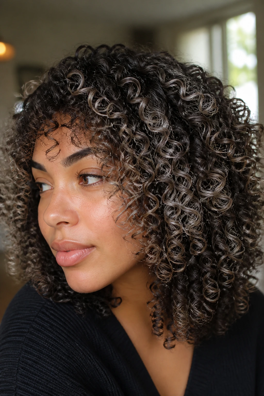 Close-up of curls with frosted ash highlights around the crown