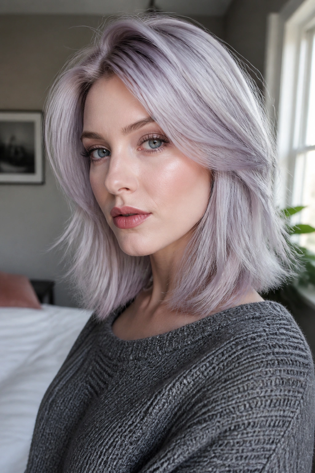 Close-up portrait of a real woman with icy ash lilac layered hair in soft window light