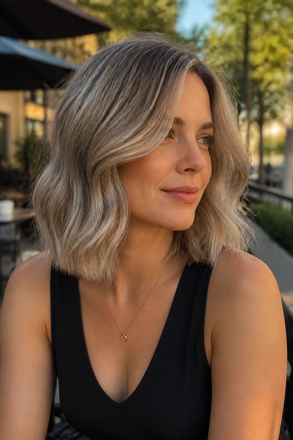 Real woman with a wavy collarbone ash lob outdoors in daylight
