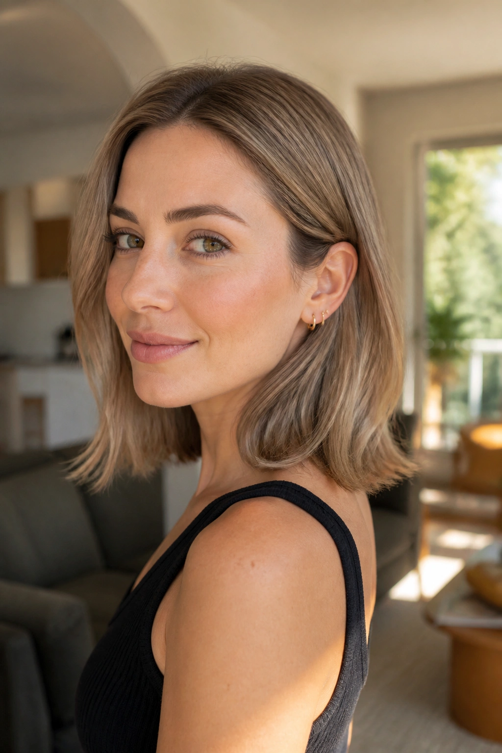 Portrait of a woman with an ash lob and soft bend