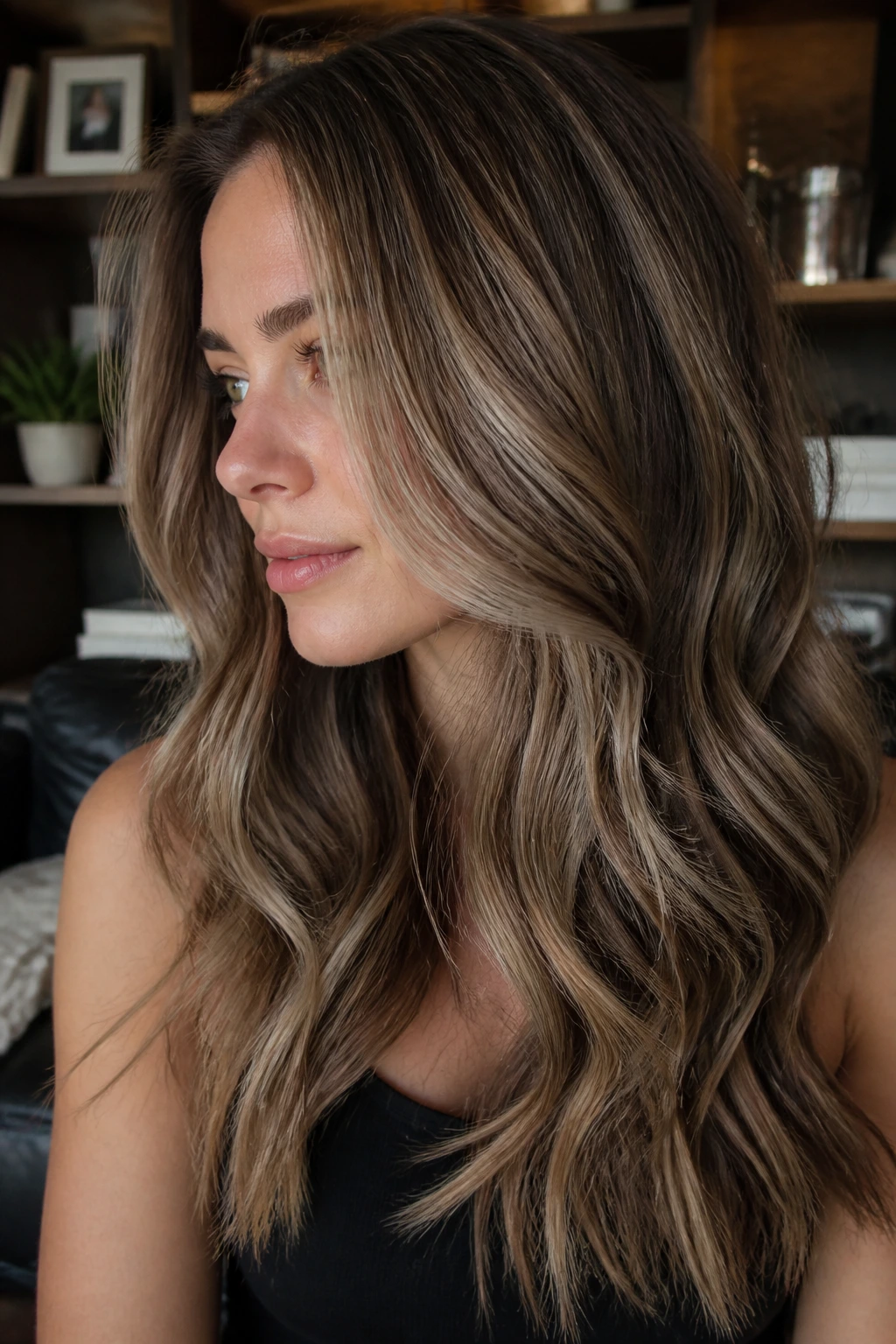 Close-up of a real woman with ash brown lowlights for bronde look