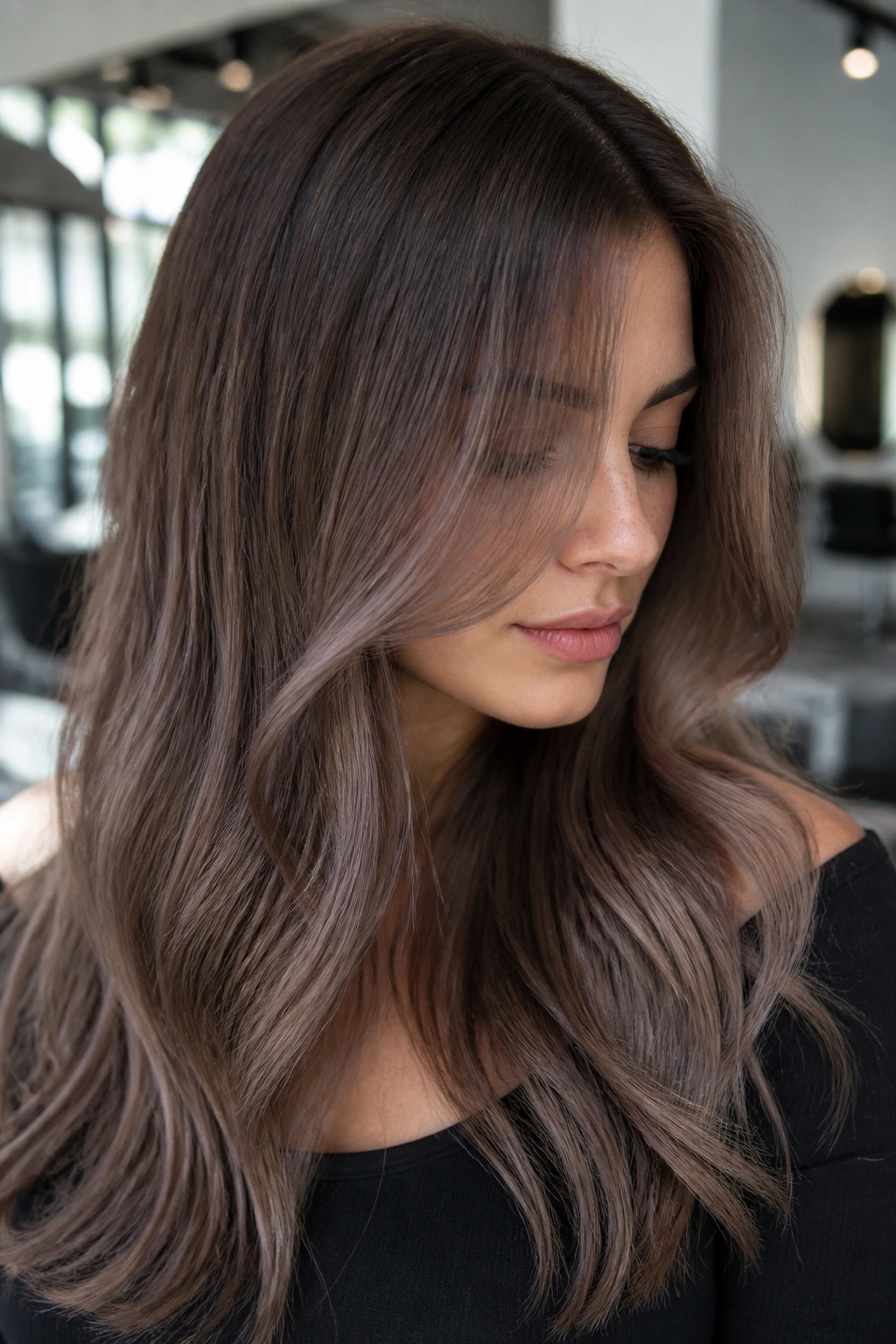 Close-up of a real person with ash mocha melt hair and cool undertones in a modern salon