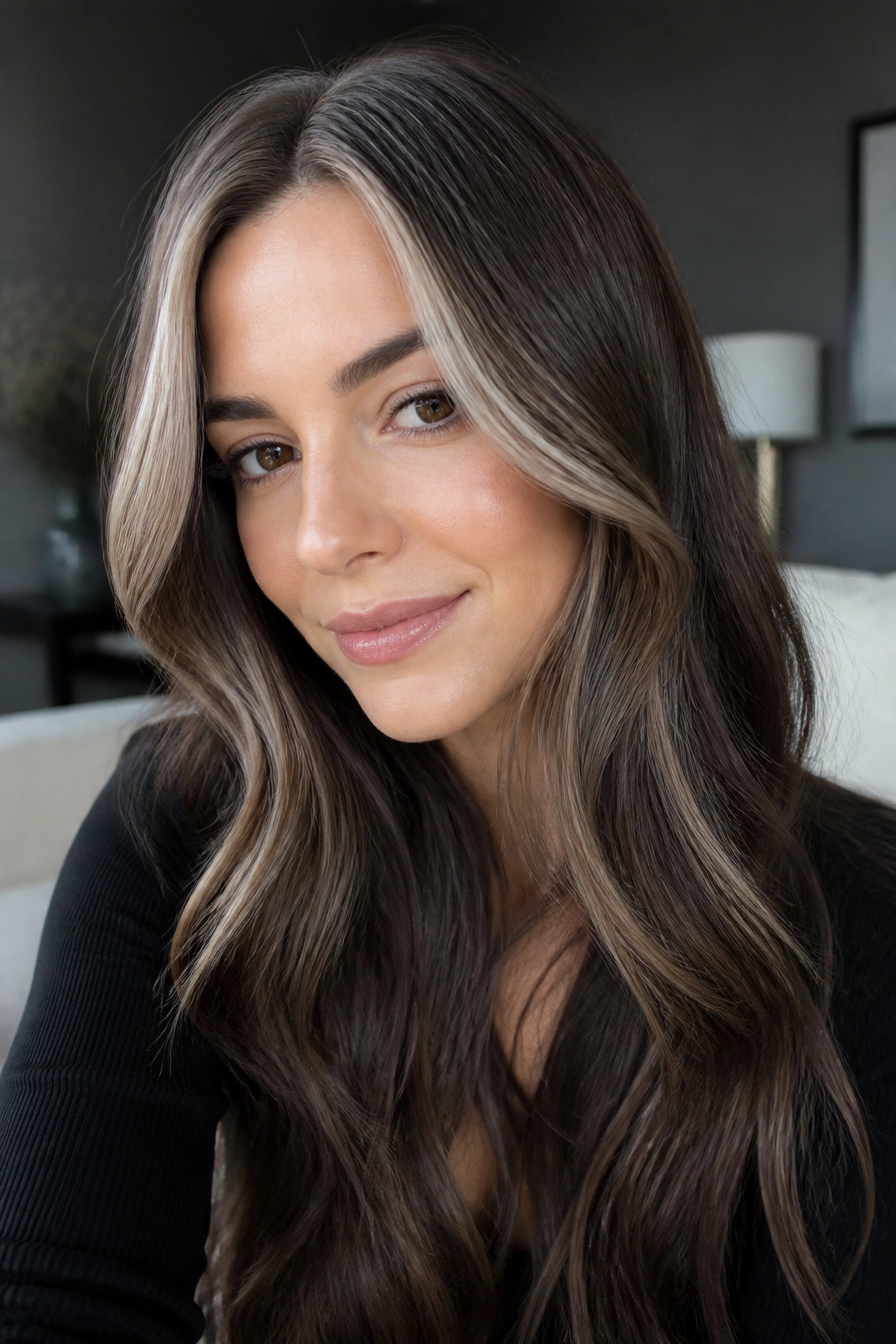 Close-up portrait of a woman with ash mocha pieces framing the face on cool brunette hair