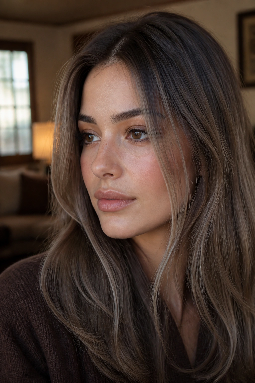 Close-up of a woman with ash mocha hair and face-framing ribbons