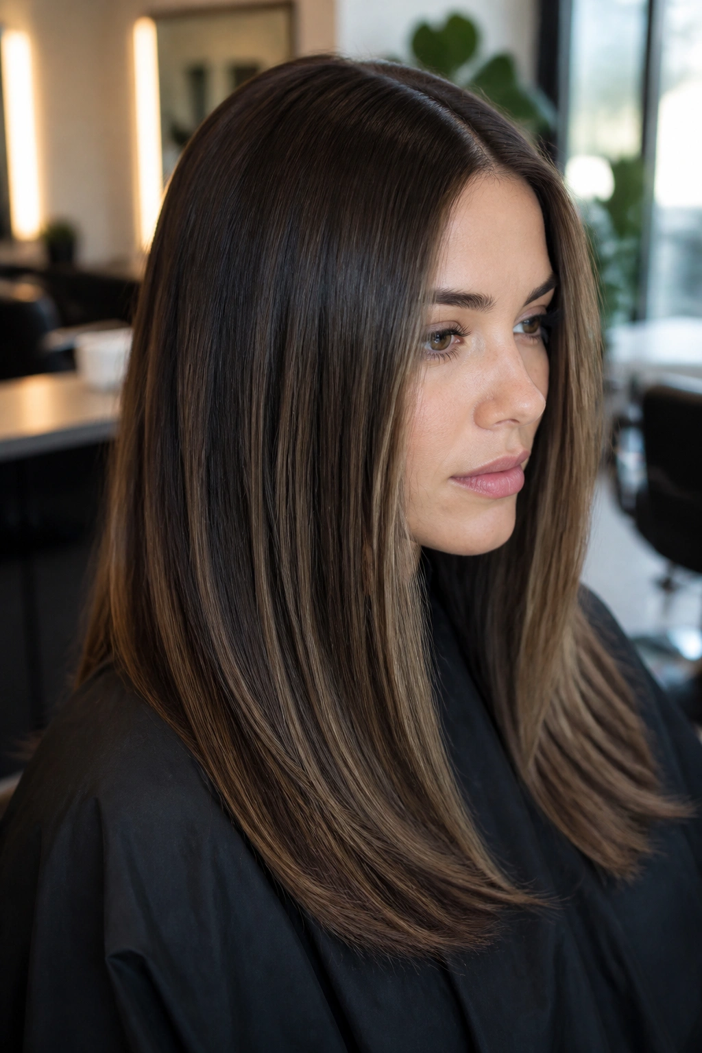 Close-up of straight brunette hair with ash mocha ribbons woven through the top layer