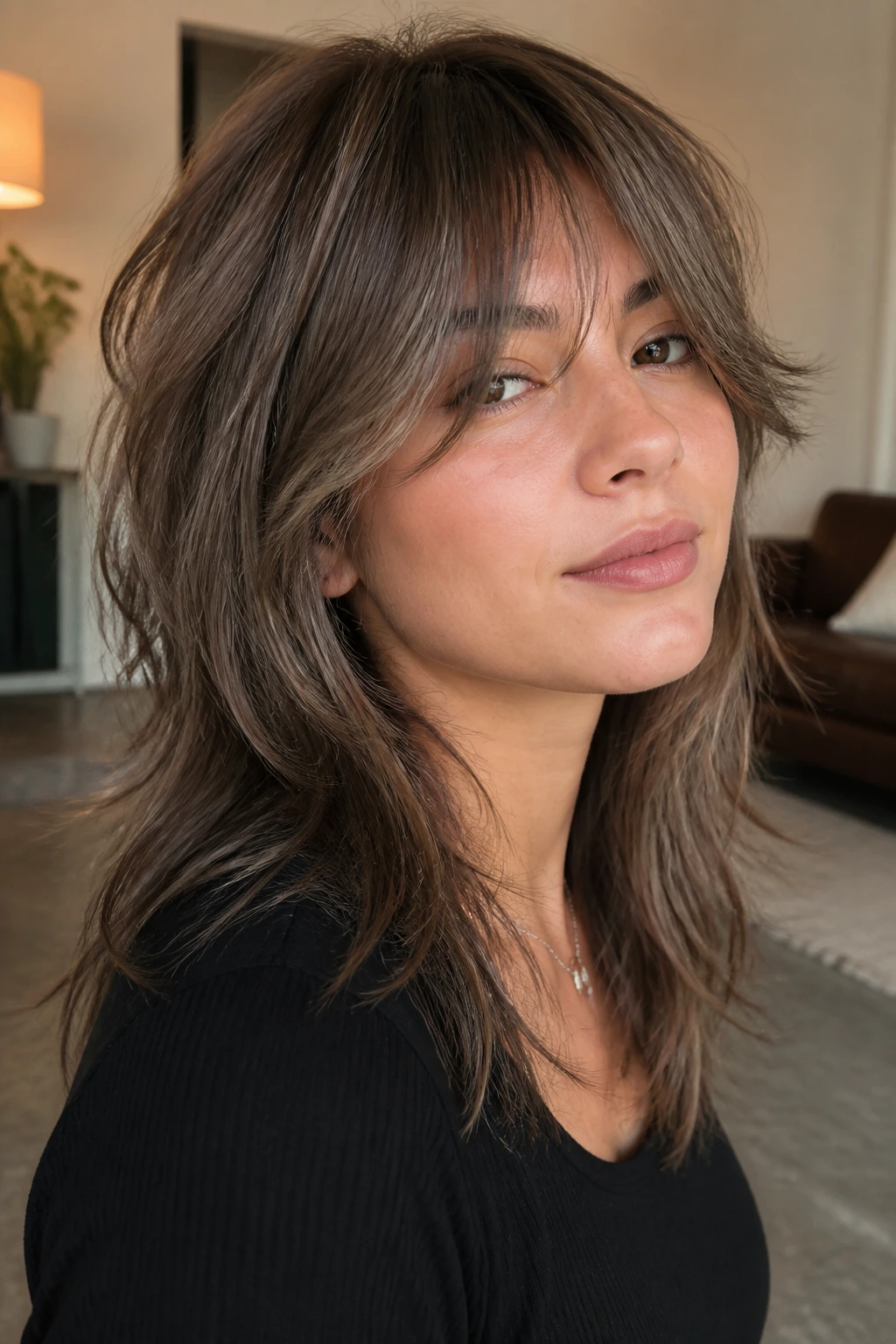 Close-up portrait of a real woman with ash mocha shag hairstyle and textured layers