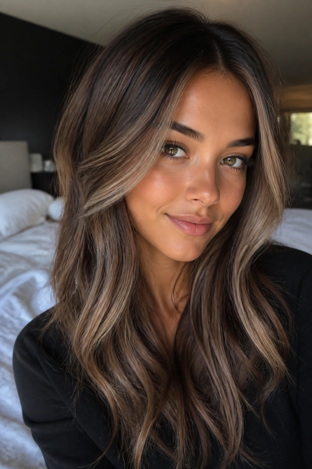 Close-up portrait of brown hair with ash money pieces framing the face