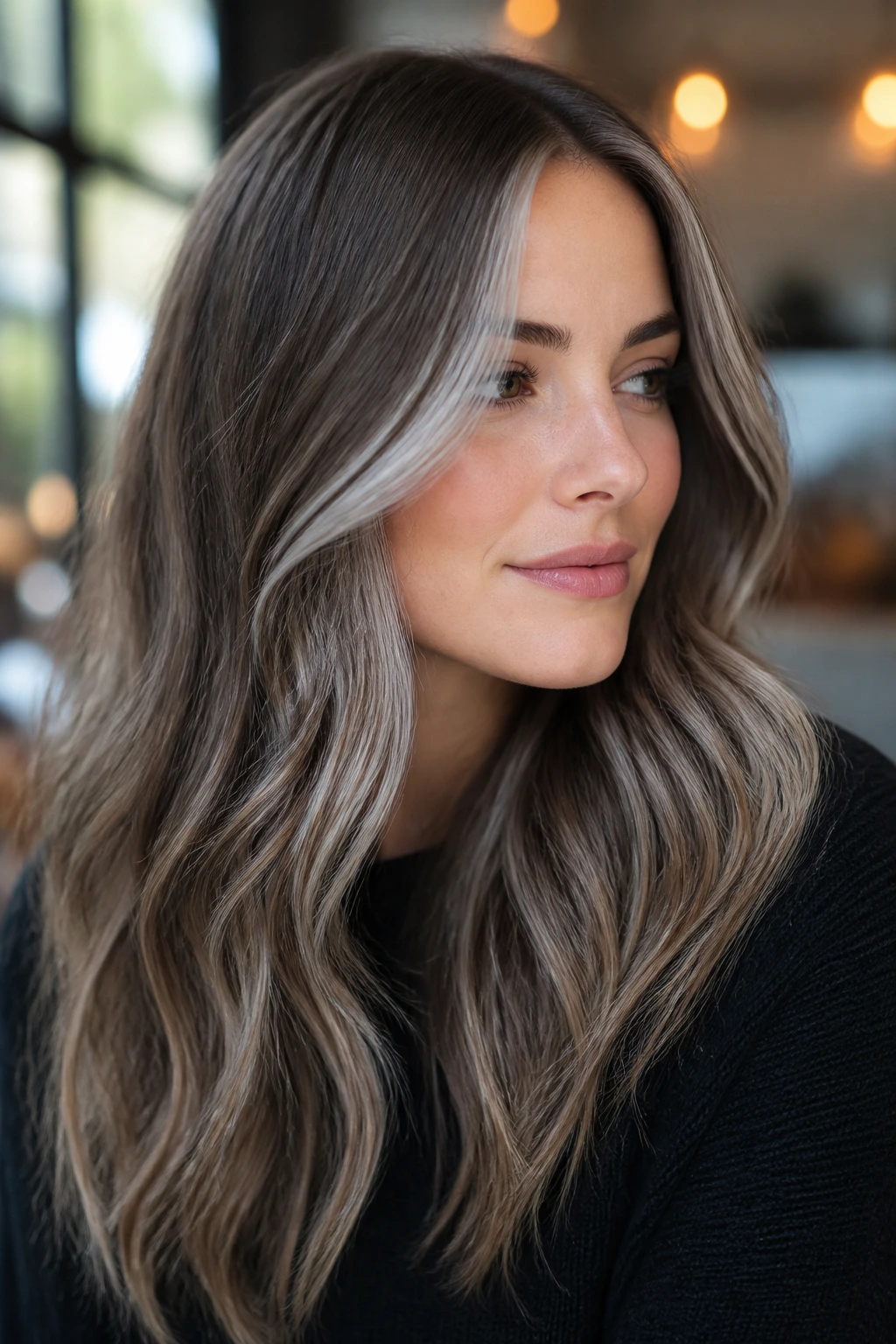 Portrait of a woman with an ash money piece blended into cool ash hair