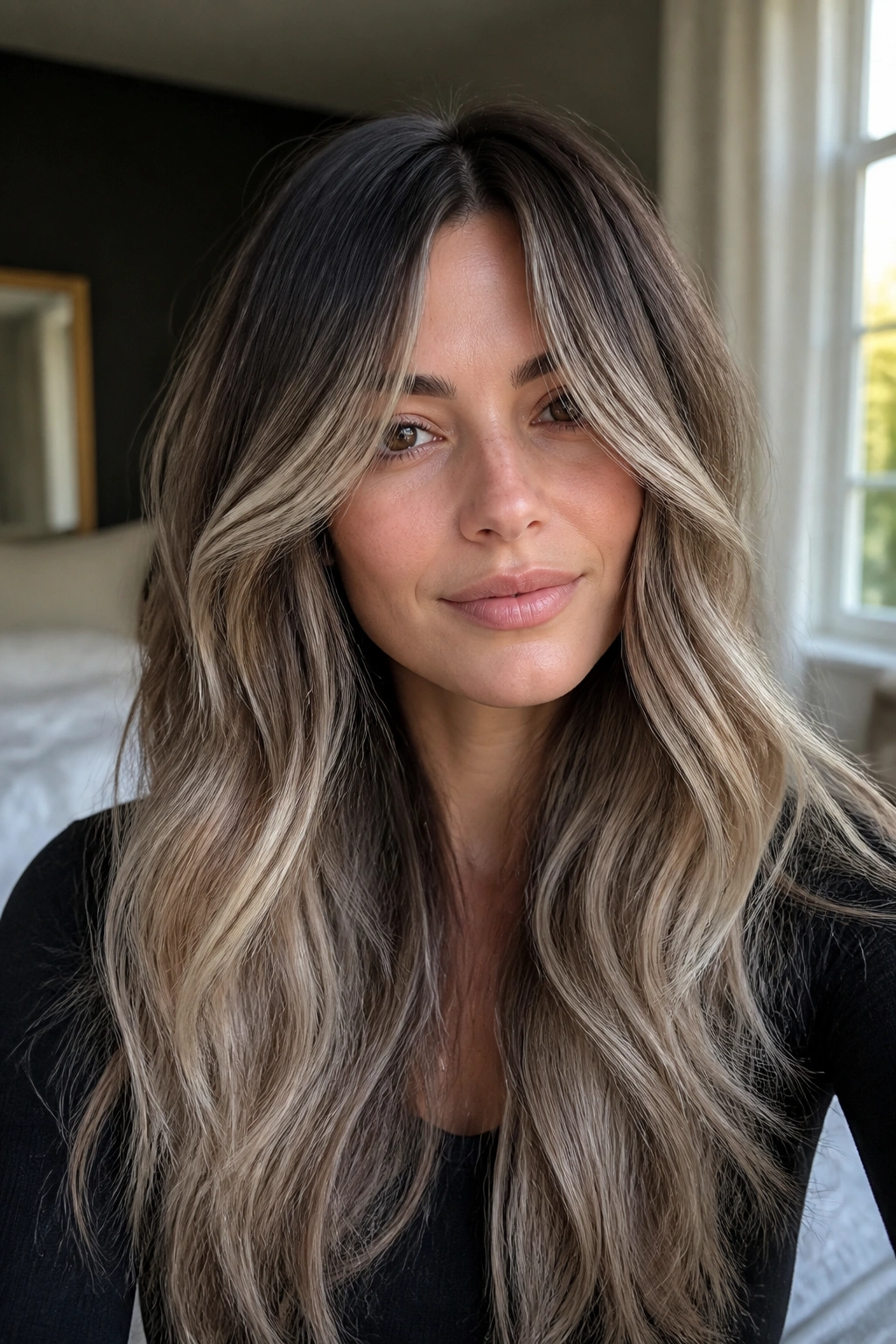 Close-up portrait of a real woman with ash ombre and curtain bangs highlighting face framing.