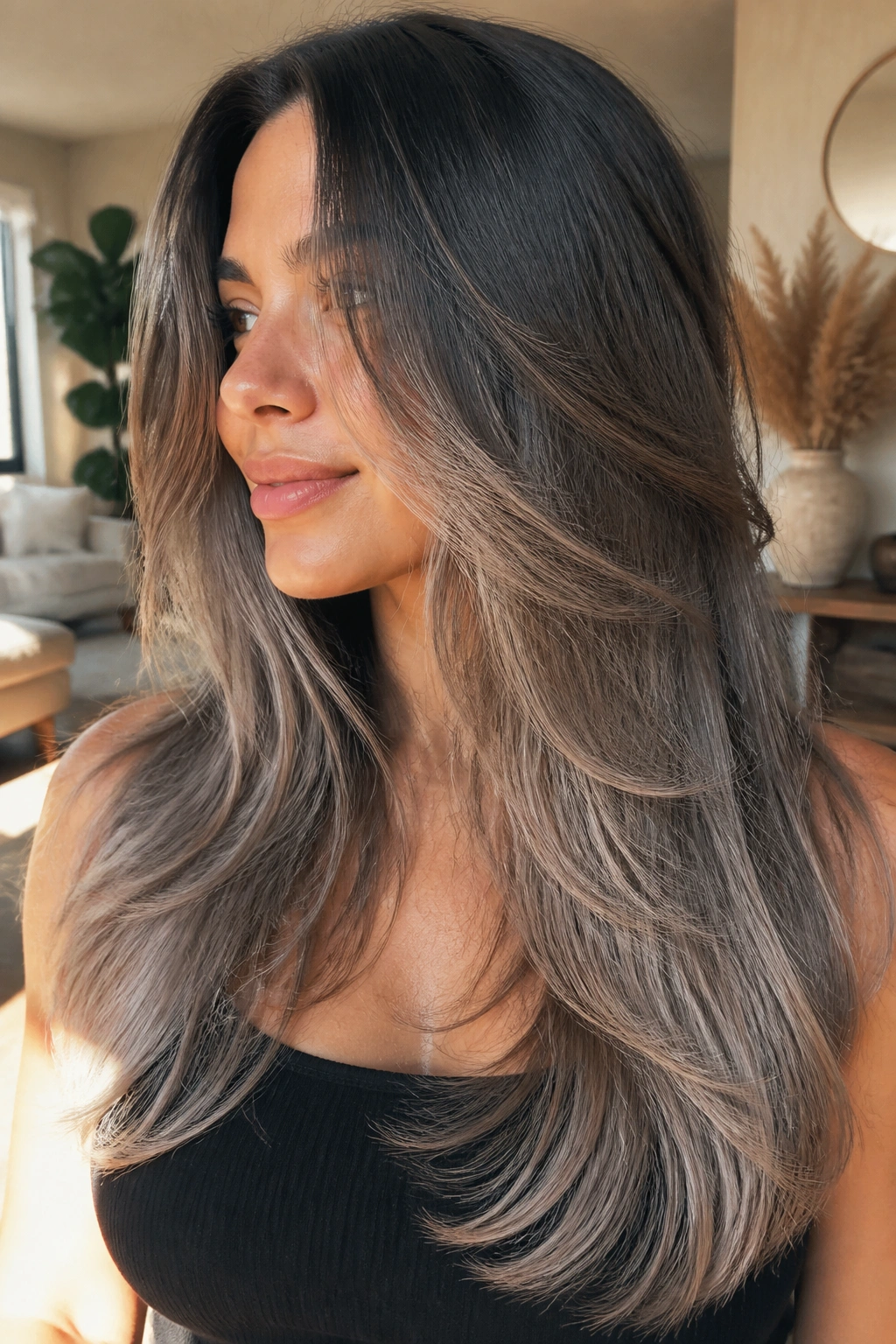 Close-up of real person with layered ash ombre and feathered ends showing motion in hair.