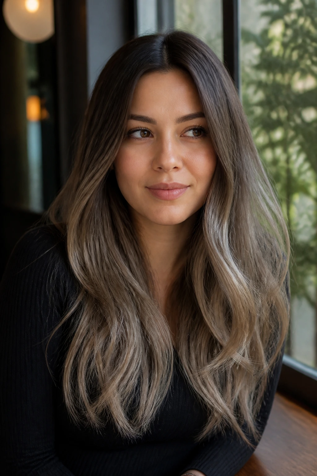 Close-up of long hair with soft ash ombré ending in cool ash tones