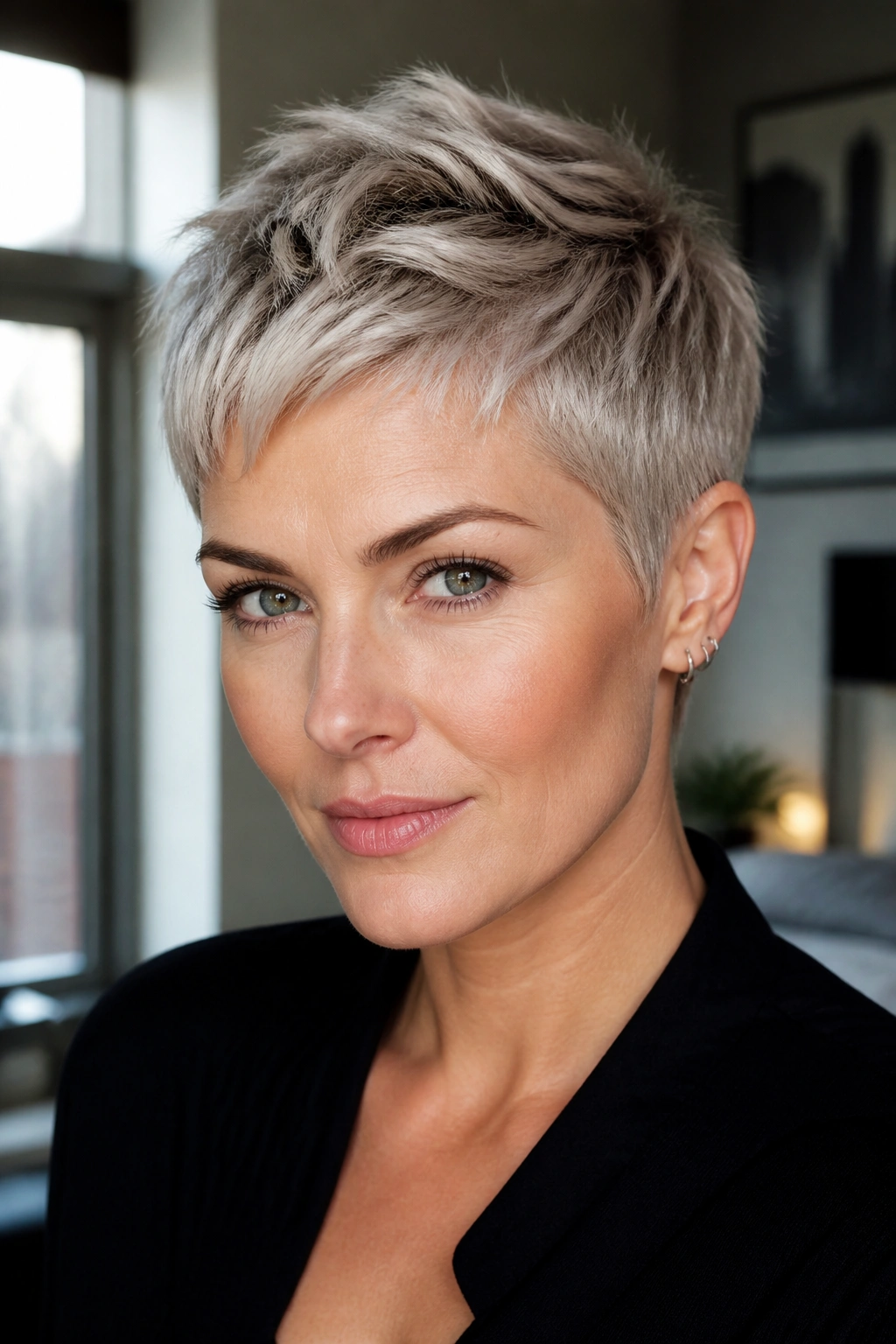 Close-up portrait of a real woman with an ash pixie crop and ash blonde tone